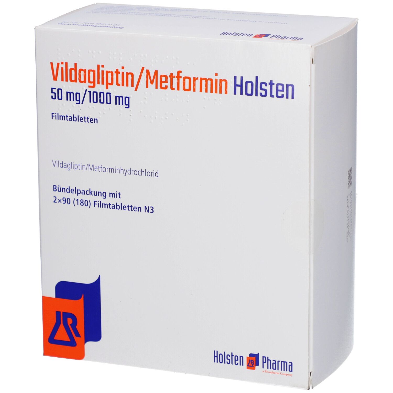 Weiße Faltschachtel mit blauer und oranger Grafik. Aufschrift: Vildagliptin/Metformin Holsten 50 mg/1000 mg Filmtabletten.