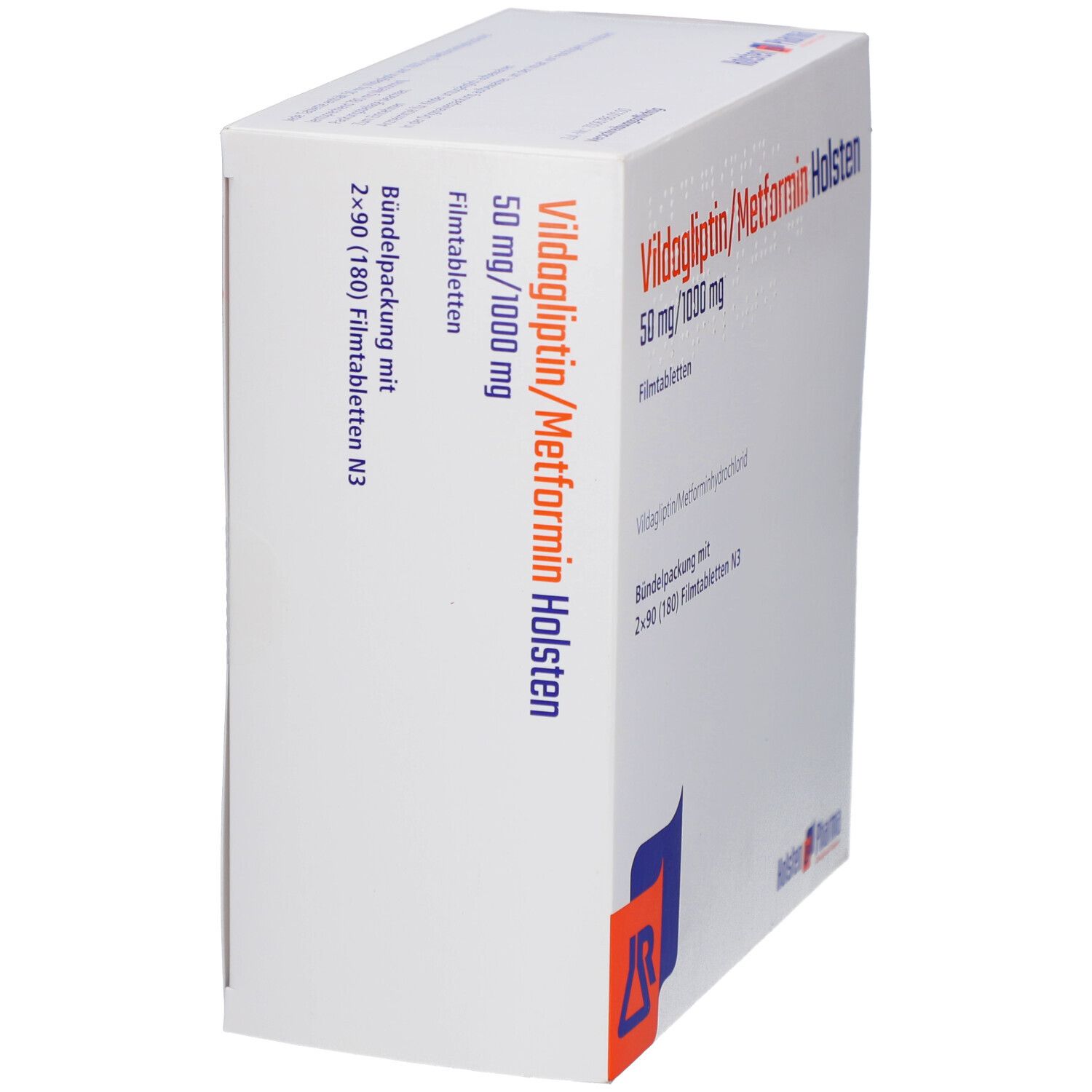 Weiße Faltschachtel mit blauer und oranger Grafik. Aufschrift: Vildagliptin/Metformin Holsten 50 mg/1000 mg Filmtabletten.