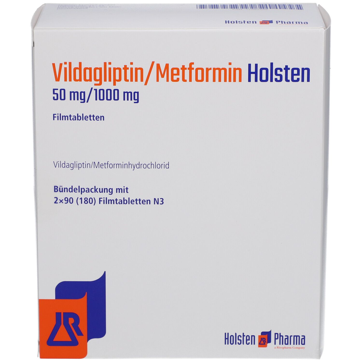 Weiße Faltschachtel mit blauer und oranger Grafik. Aufschrift: Vildagliptin/Metformin Holsten 50 mg/1000 mg Filmtabletten.