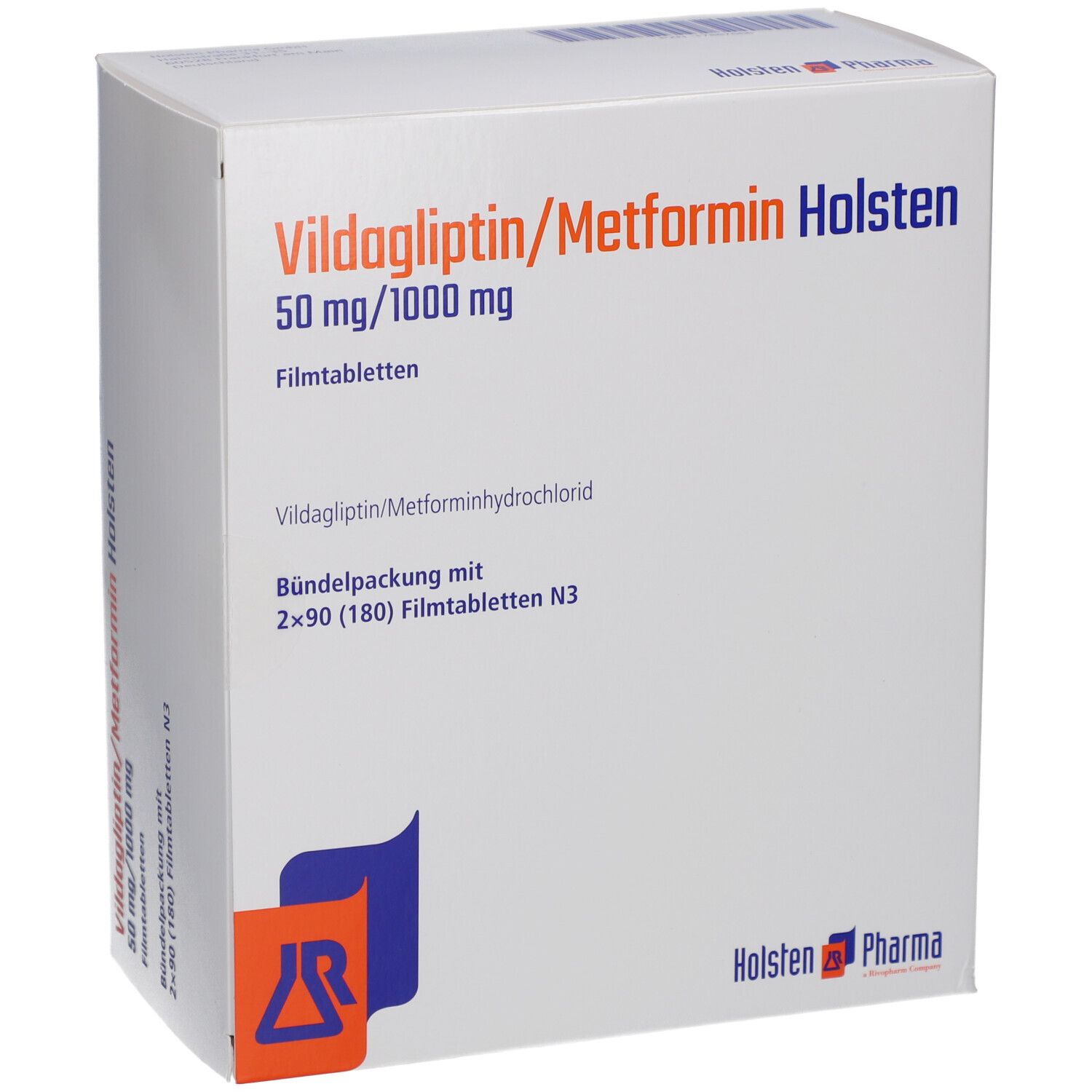 Weiße Faltschachtel mit blauer und oranger Grafik. Aufschrift: Vildagliptin/Metformin Holsten 50 mg/1000 mg Filmtabletten.