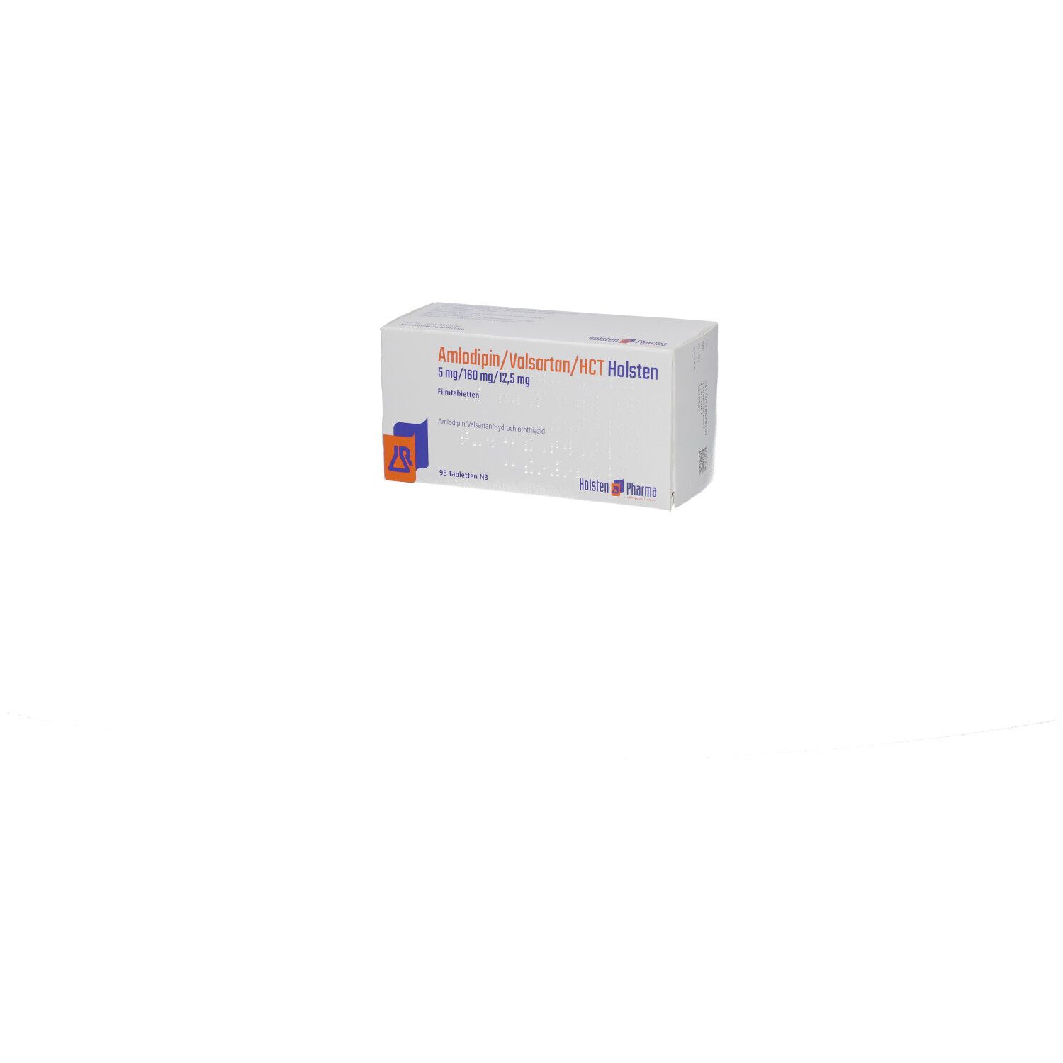 Weiße Faltschachtel mit Produktbezeichnung und Logo. Aufdruck: Amlodipin/Valsartan/HCT Holsten 5/160/12,5mg.