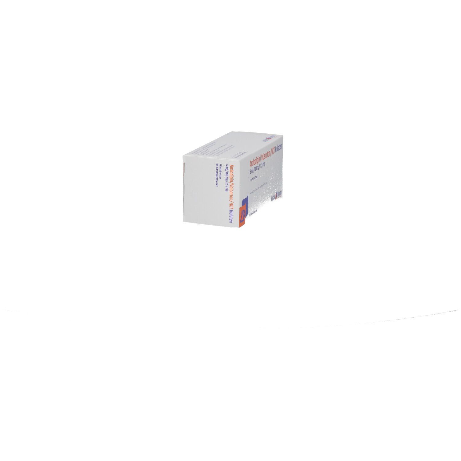 Weiße Faltschachtel, schräg von der Seite gesehen. Aufdruck mit Produktbezeichnung und Logo. Amlodipin/Valsartan/HCT Holsten.