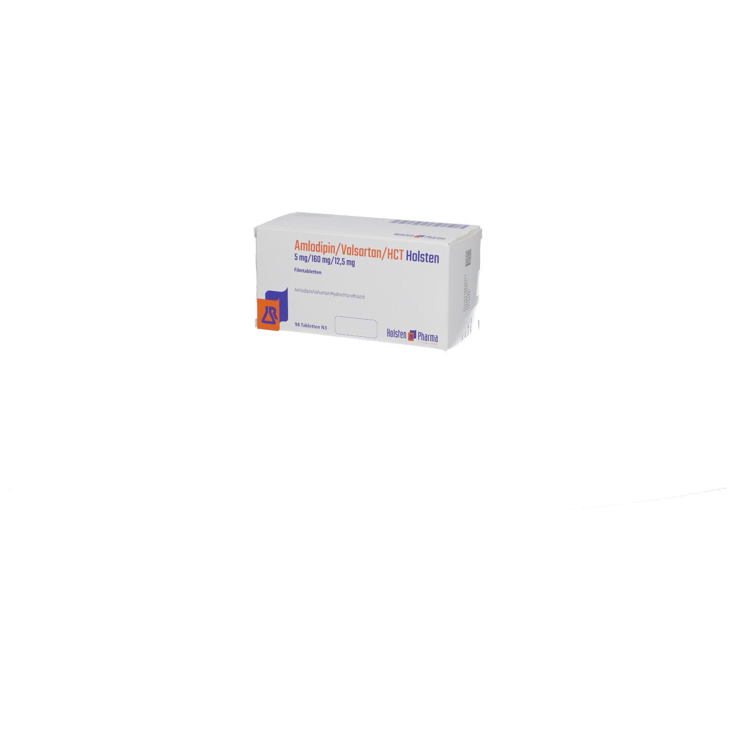 Weiße Faltschachtel mit Produktbezeichnung und Logo. Aufdruck: Amlodipin/Valsartan/HCT Holsten 5/160/12,5mg.