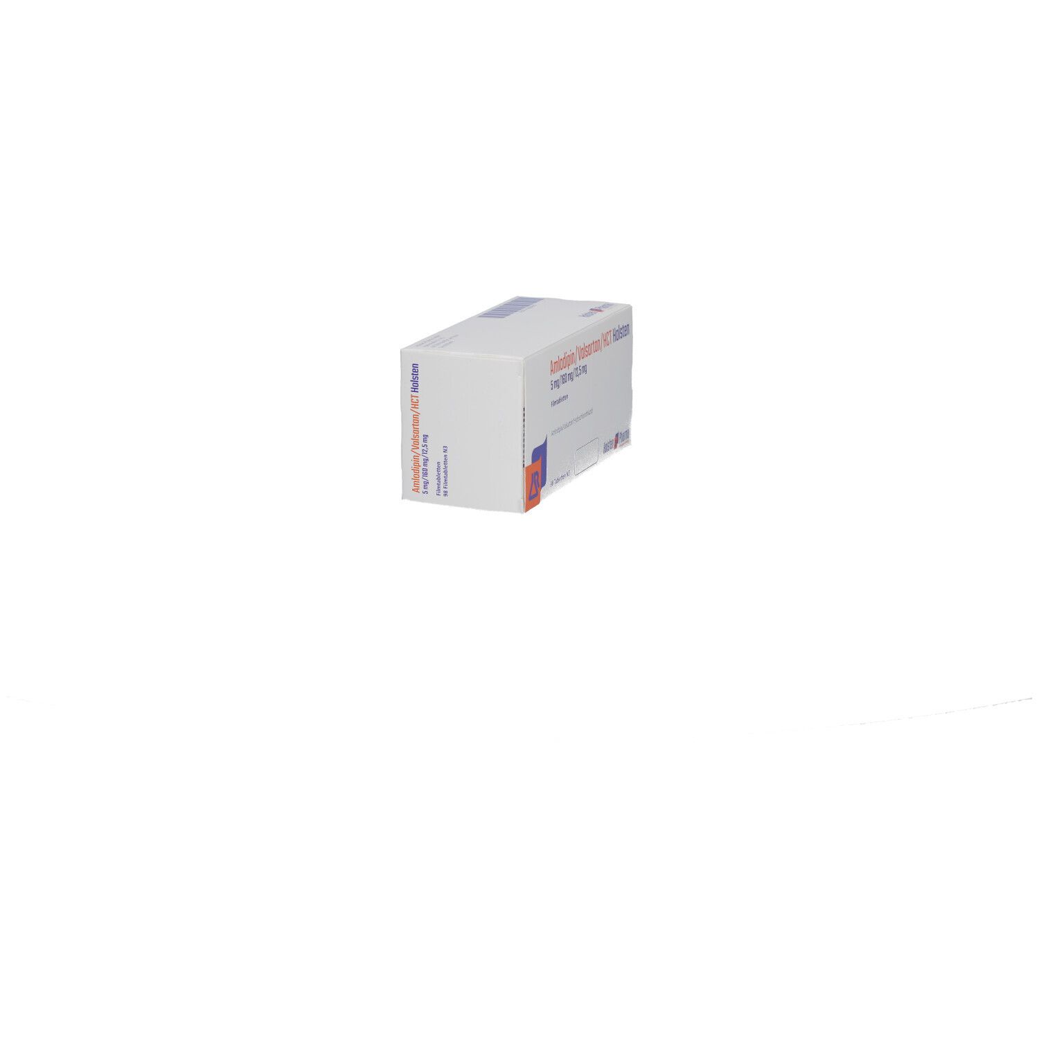 Weiße Faltschachtel, schräg von der Seite gesehen. Aufdruck mit Produktbezeichnung und Logo. Amlodipin/Valsartan/HCT Holsten.