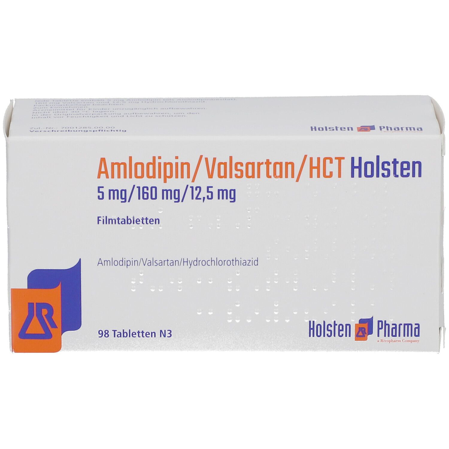 Geöffnete Faltschachtel mit Produktbezeichnung: Amlodipin/Valsartan/HCT Holsten 5 mg/160 mg/12,5 mg. 98 Tabletten N3.