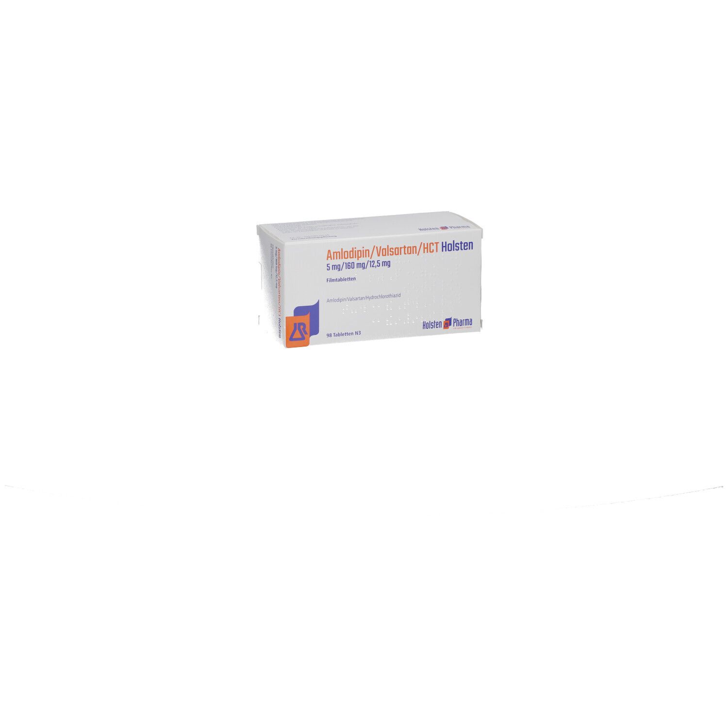 Weiße Faltschachtel mit Produktbezeichnung und Logo. Aufdruck: Amlodipin/Valsartan/HCT Holsten 5/160/12,5mg.