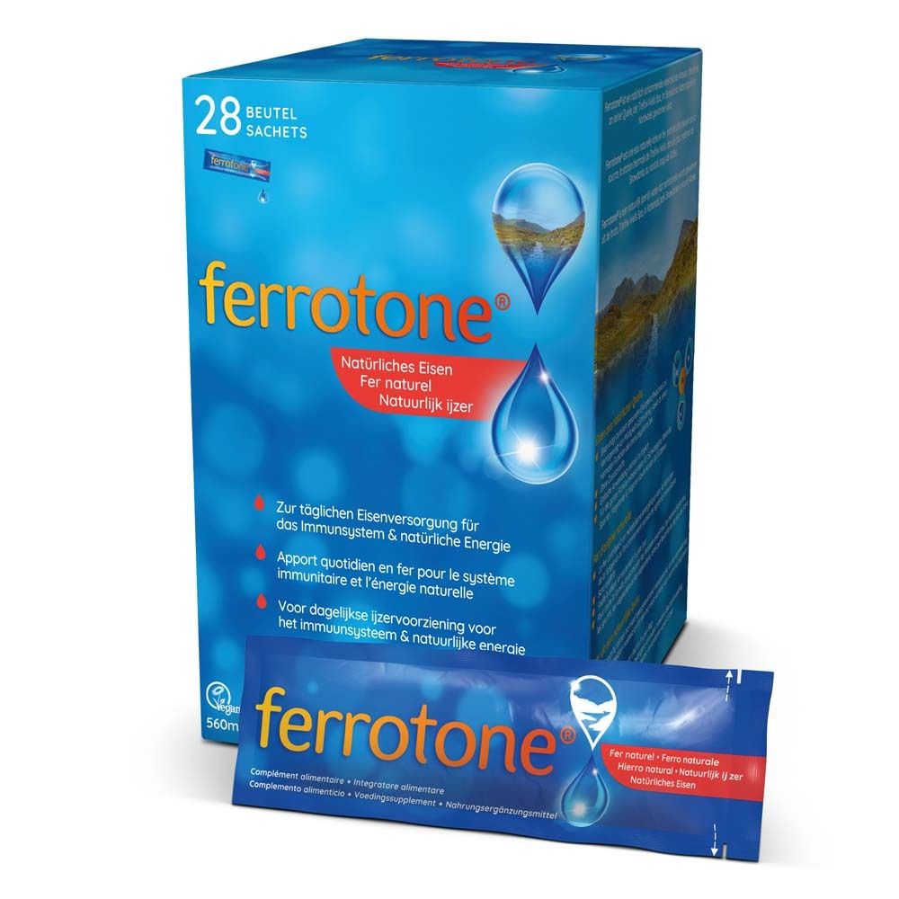 Blau-weiße Schachtel mit ferrotone®-Logo und 28 Sachets. Text: Natürliches Eisen, Fer naturel, Natuurlijk ijzer.