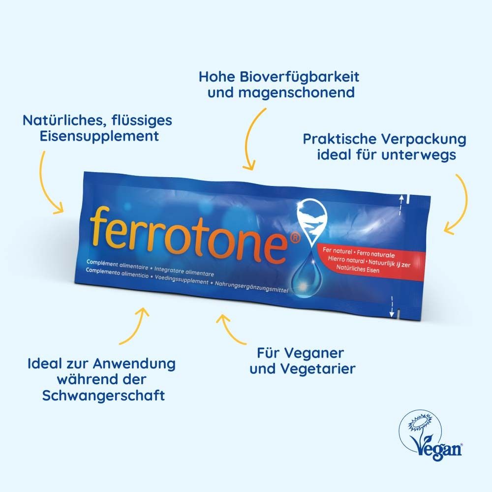 Blaues Sachet mit ferrotone®-Logo. Text: Ergänzungsmittel, vegan, für Schwangerschaft, für Veganer und Vegetarier.