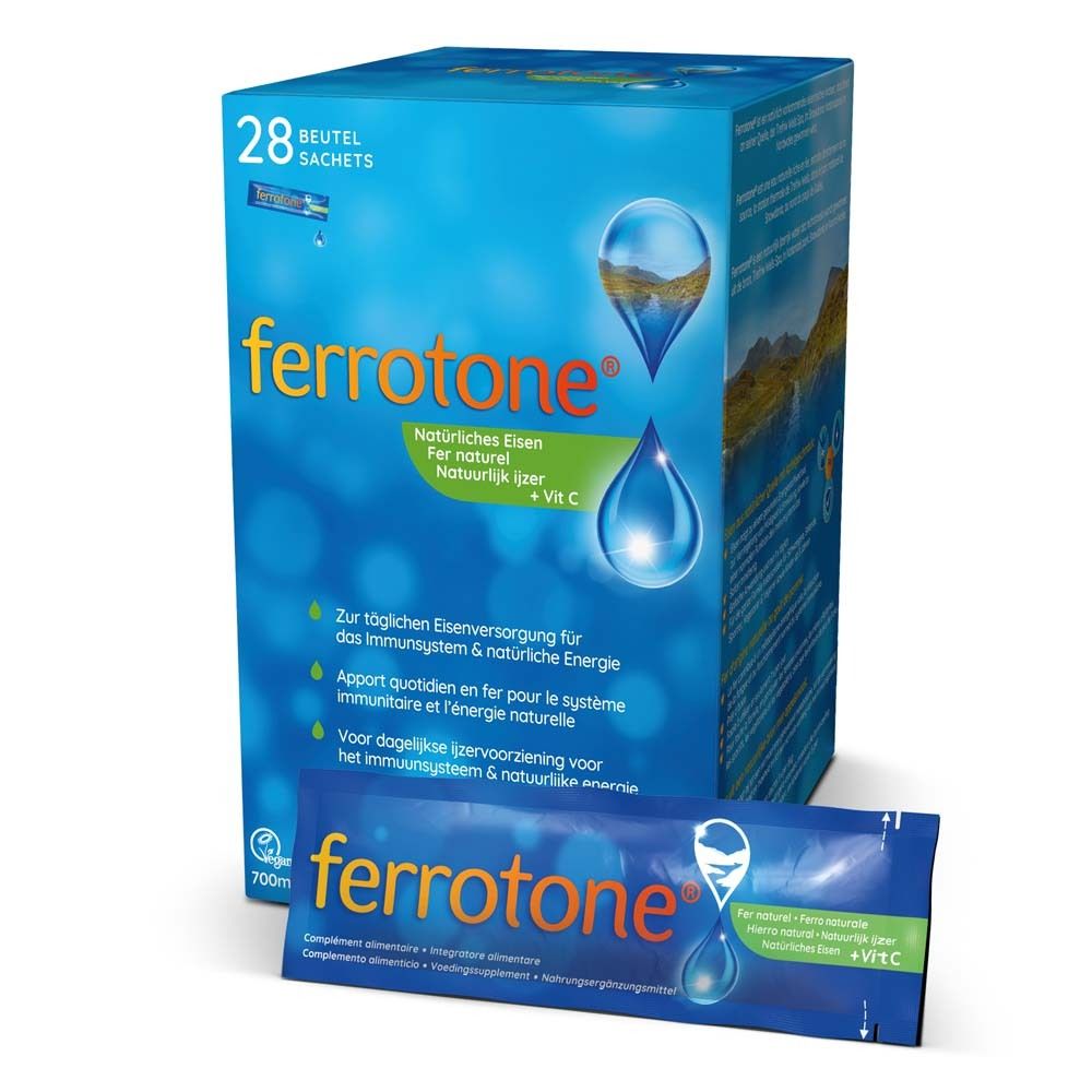 Blau-weiße Schachtel mit 28 Sachets. Aufschrift: ferrotone® Natürliches Eisen. Enthält Vitamin C. Produktabbildung.