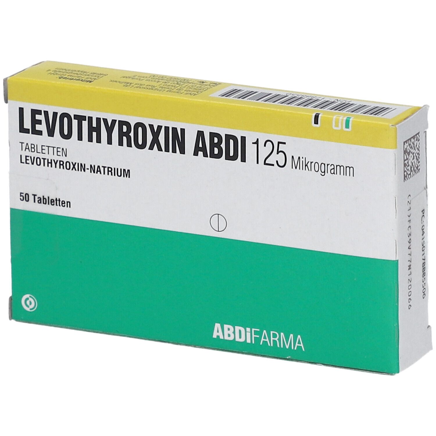 Schachtel mit LEVOTHYROXIN ABDI 125 Mikrogramm Tabletten. Grün-gelbe Verpackung mit Produktnamen und Dosierung.