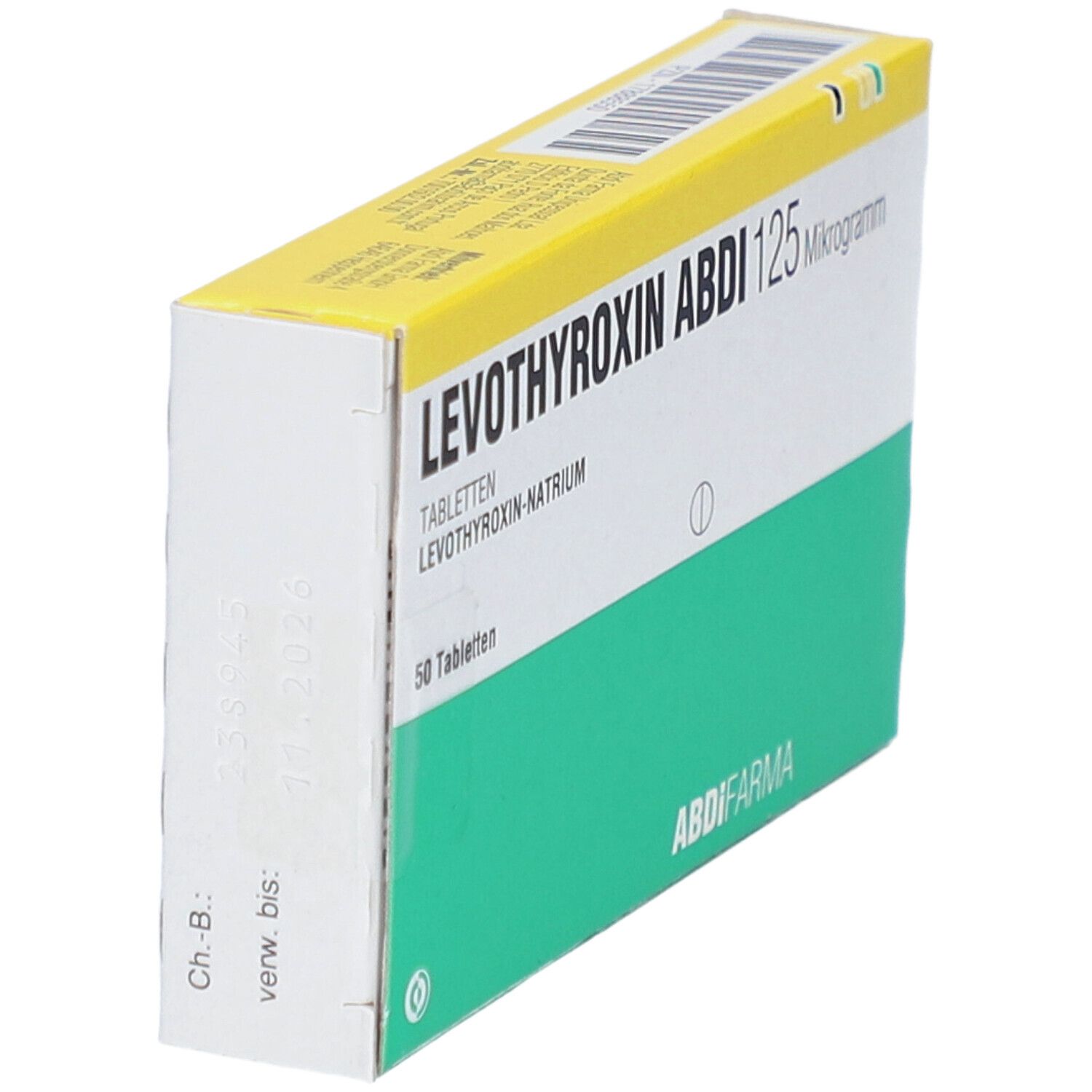 Schachtel LEVOTHYROXIN ABDI 125 Mikrogramm, schräg. Grün-gelbe Verpackung mit Produktnamen und Dosierung.