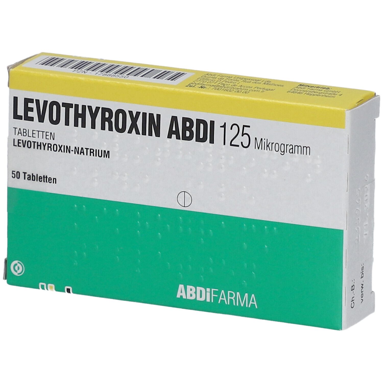 Schachtel LEVOTHYROXIN ABDI 125 Mikrogramm. Grün-gelbe Verpackung mit Produktnamen, Dosierung und 50 Tabletten.
