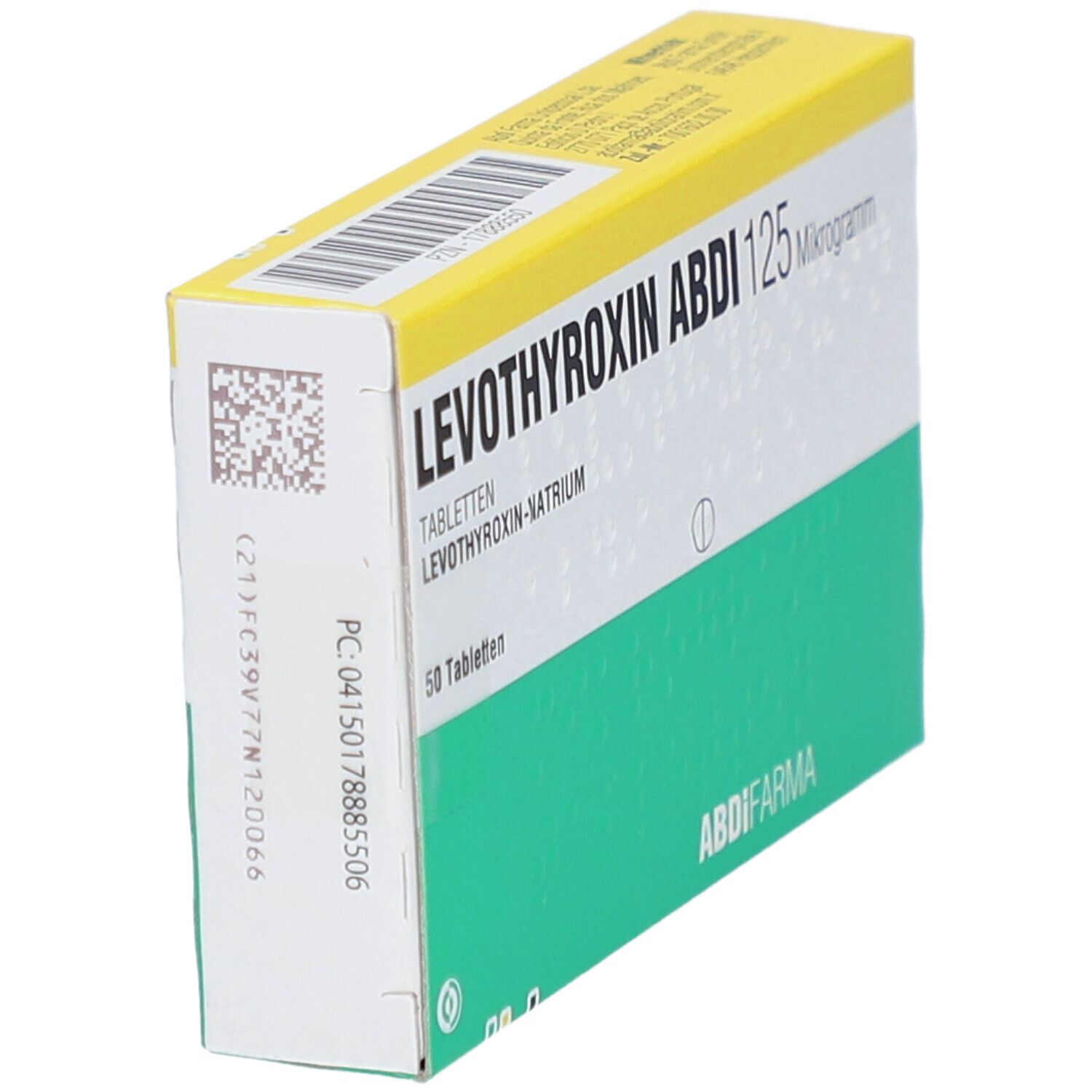 Schachtel LEVOTHYROXIN ABDI 125 Mikrogramm, schräg. Grün-gelbe Verpackung mit Produktnamen und Dosierung.