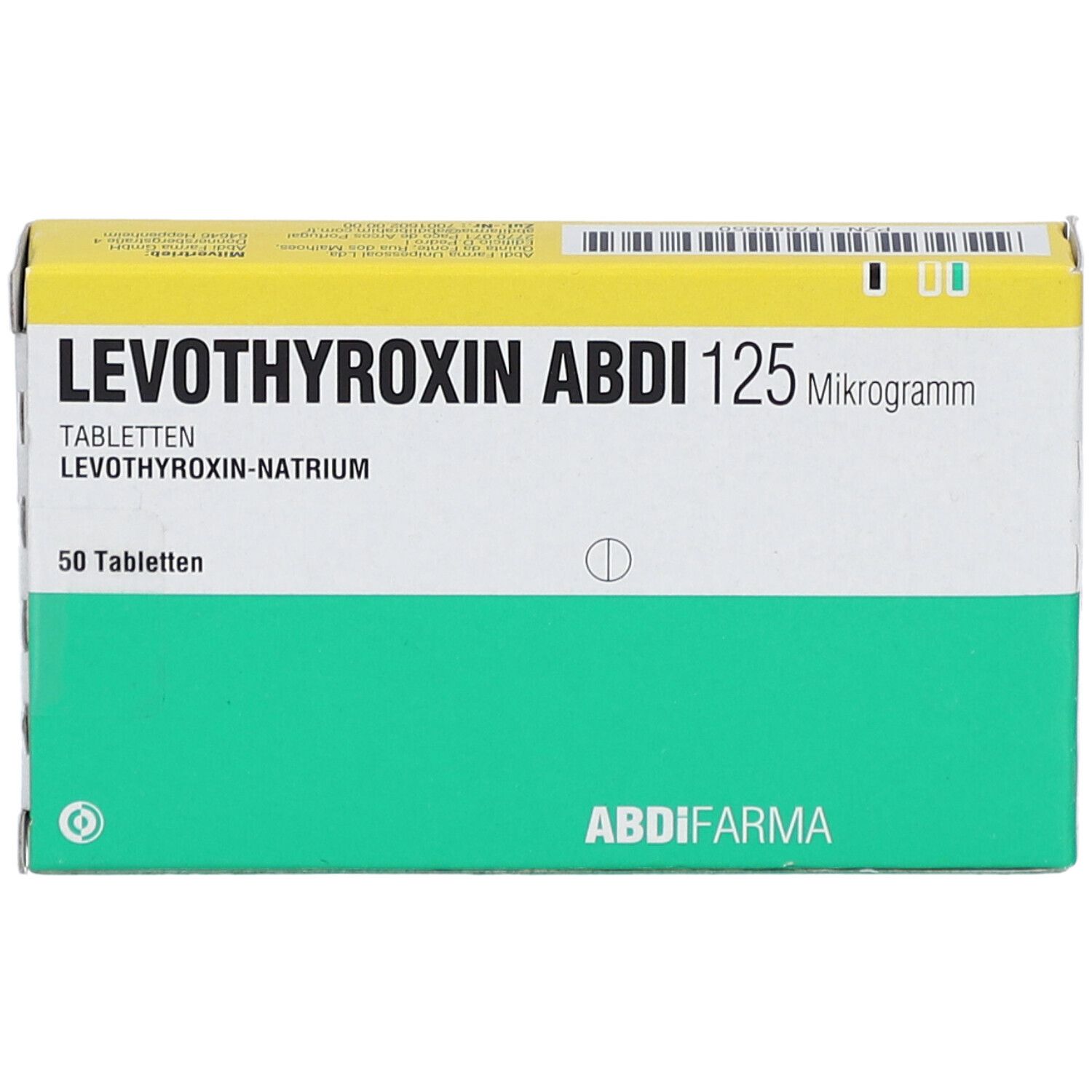 Schachtel LEVOTHYROXIN ABDI 125 Mikrogramm. Grün-gelbe Verpackung mit Produktnamen, Dosierung und 50 Tabletten.