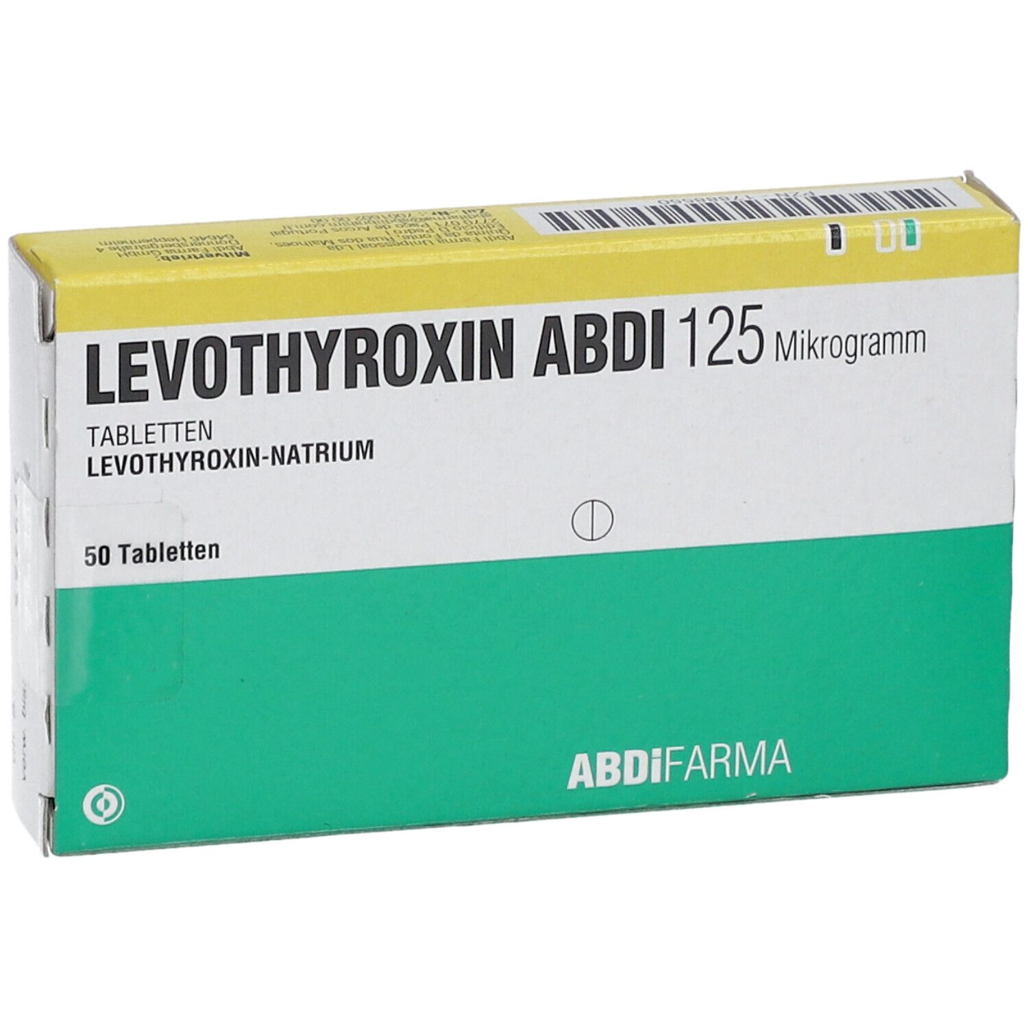 Schachtel LEVOTHYROXIN ABDI 125 Mikrogramm. Grün-gelbe Verpackung mit Produktnamen, Dosierung und 50 Tabletten.