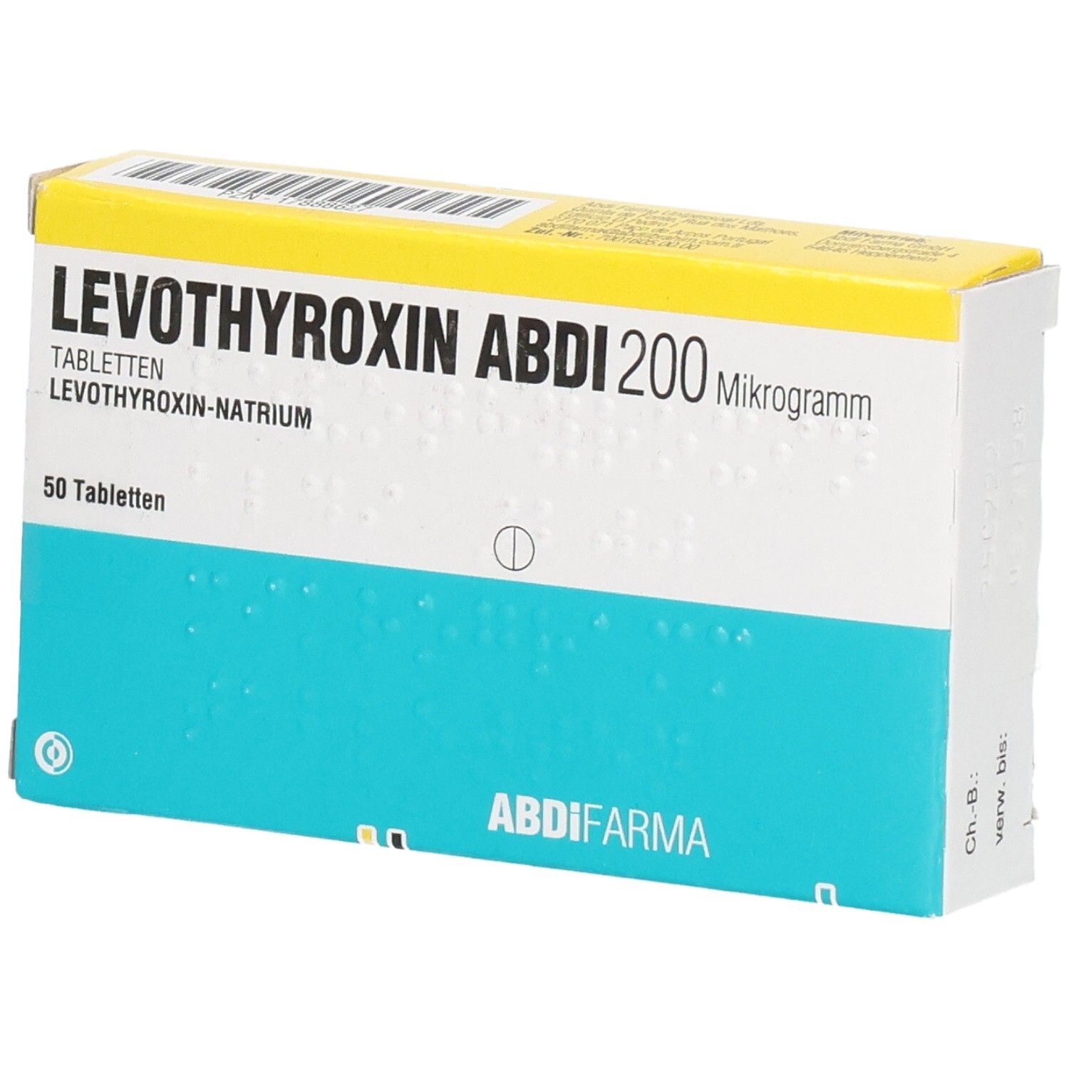 Schachtel mit LEVOTHYROXIN ABDI 200 Mikrogramm Tabletten. 50 Tabletten. Blau-weiß-gelbes Design. ABDI-FARMA Logo.