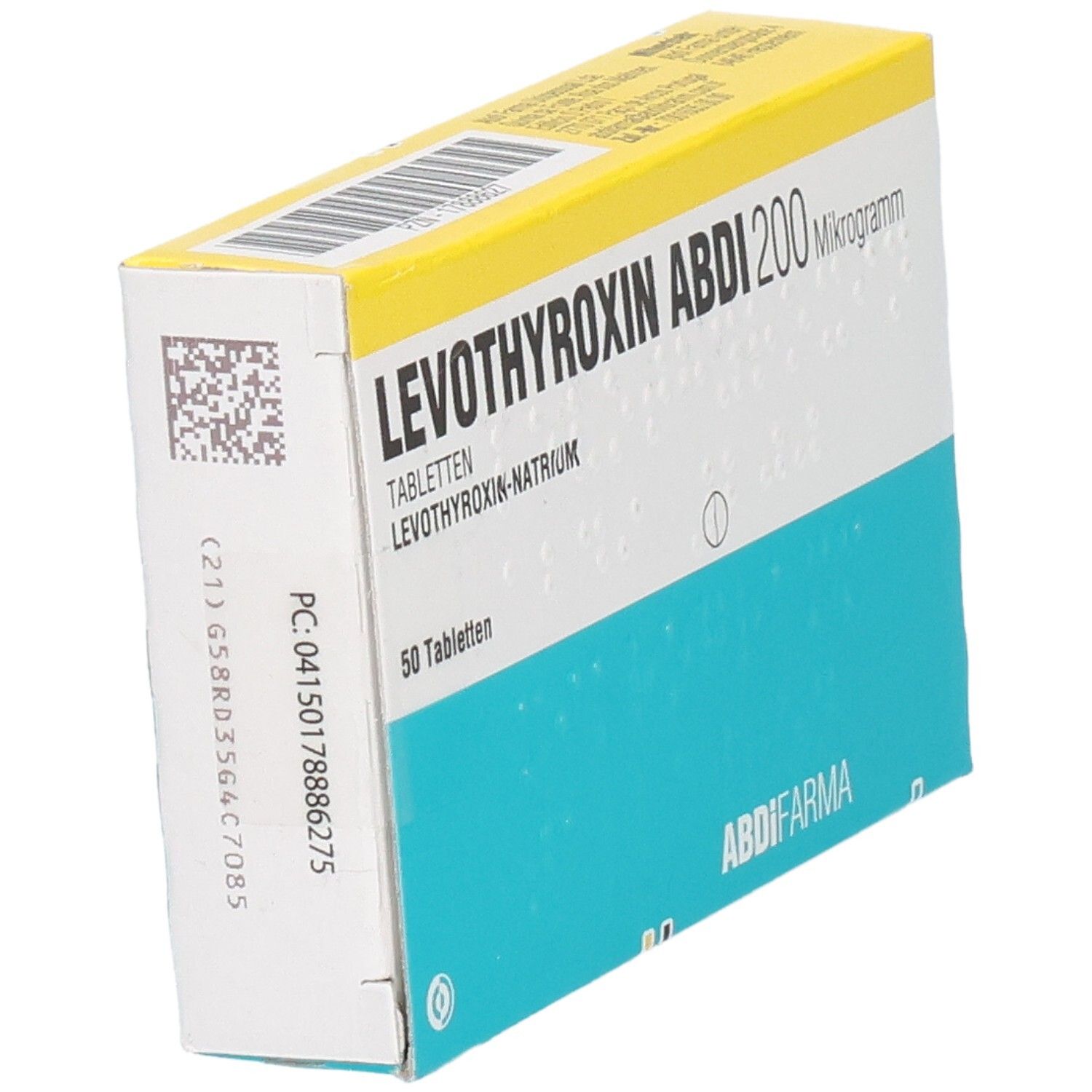 Schachtel LEVOTHYROXIN ABDI 200 Mikrogramm Tabletten. 50 Tabletten. Blau-weiß-gelbes Design. ABDI-FARMA Logo. Barcode und Text.