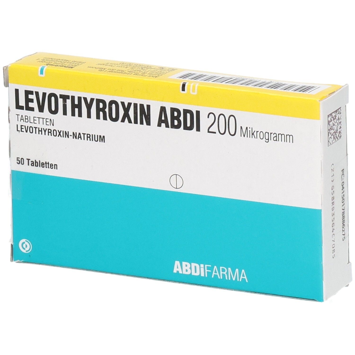 Schachtel LEVOTHYROXIN ABDI 200 Mikrogramm Tabletten. 50 Tabletten. Blau-weiß-gelbes Design. ABDI-FARMA Logo. Ansicht von vorne.