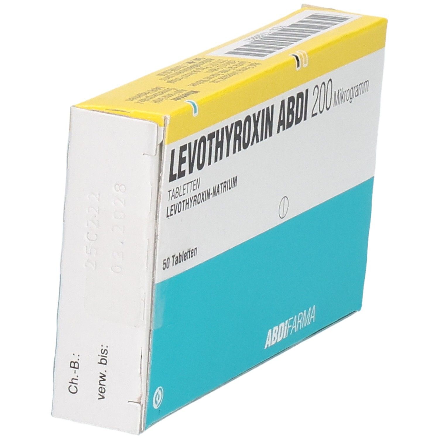 Schachtel LEVOTHYROXIN ABDI 200 Mikrogramm Tabletten. 50 Tabletten. Blau-weiß-gelbes Design. ABDI-FARMA Logo. Seitenansicht mit Text.