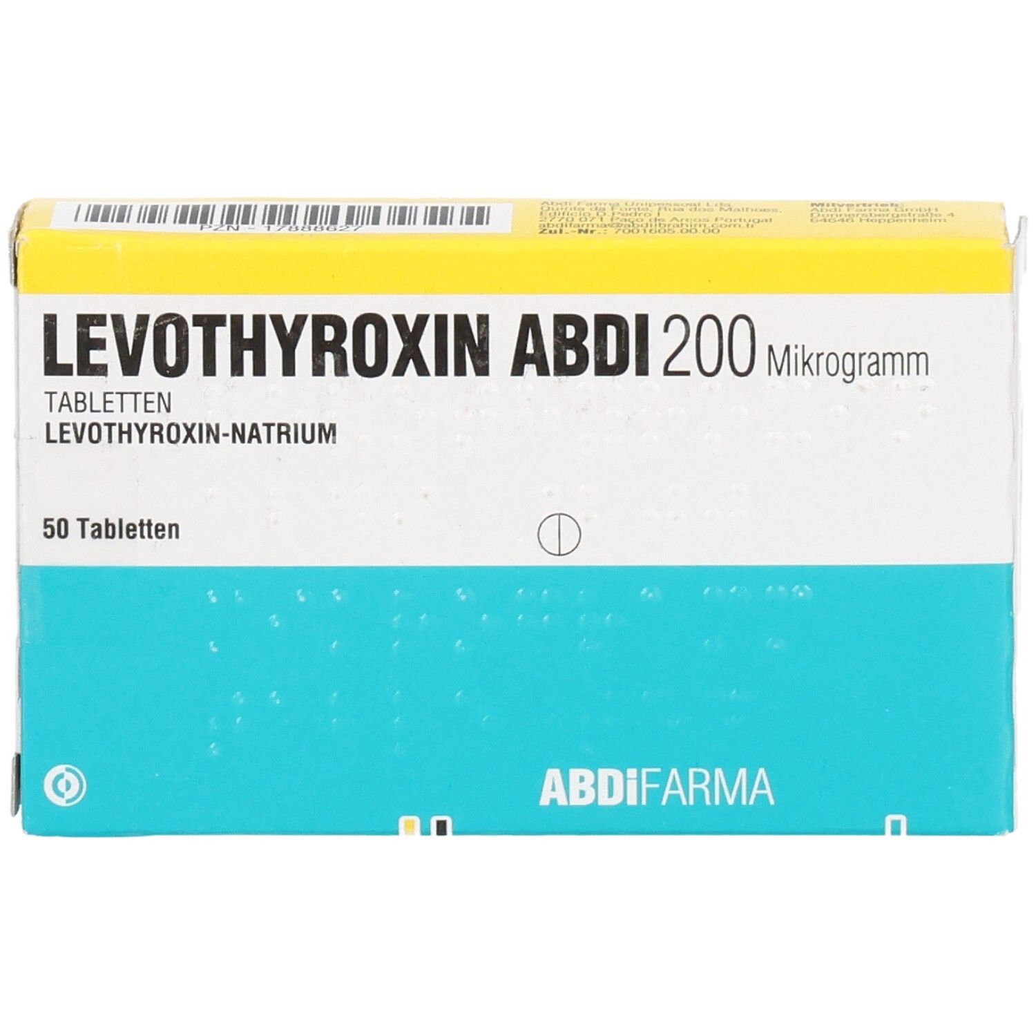 Schachtel LEVOTHYROXIN ABDI 200 Mikrogramm Tabletten. 50 Tabletten. Blau-weiß-gelbes Design. ABDI-FARMA Logo. Frontansicht.