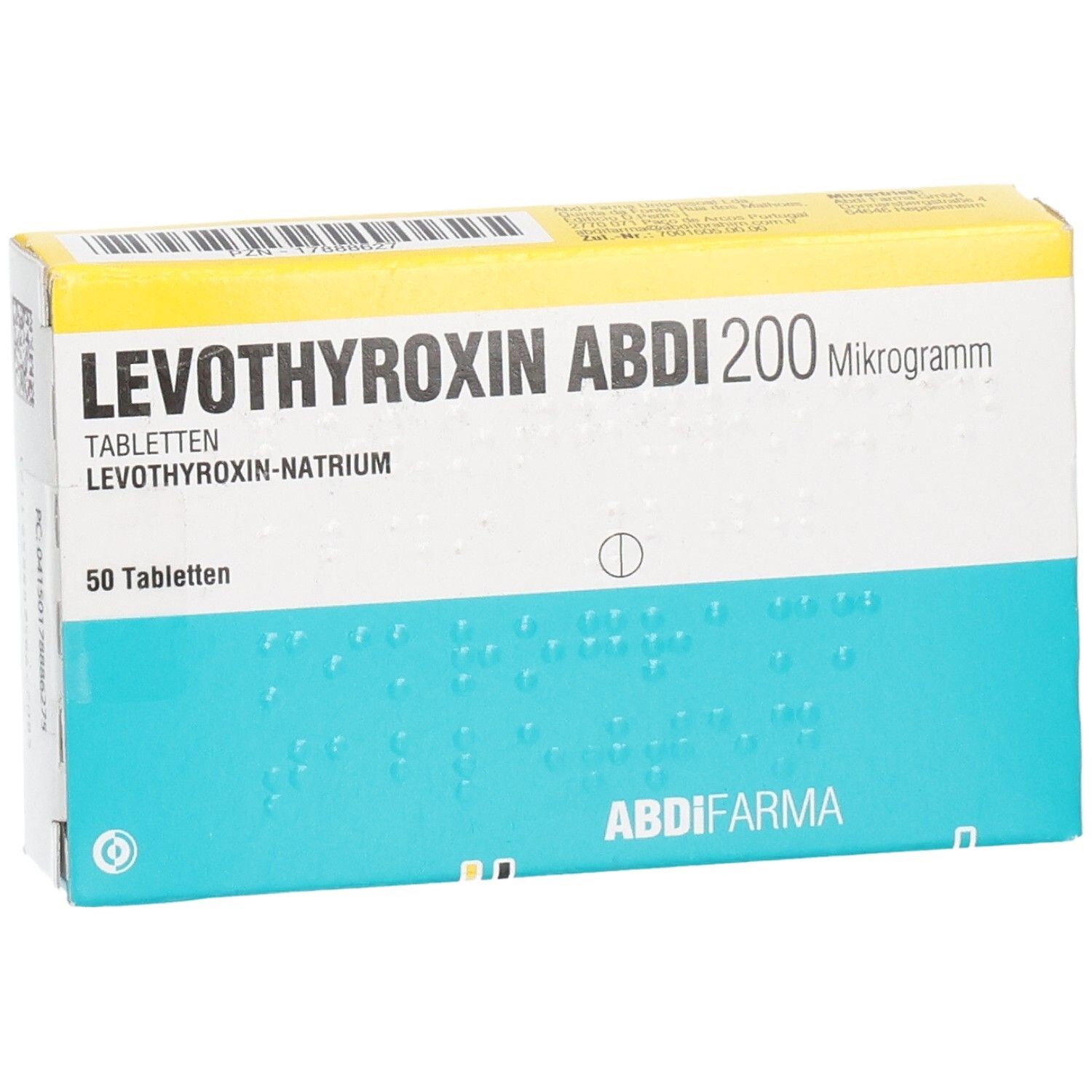 Schachtel LEVOTHYROXIN ABDI 200 Mikrogramm Tabletten. 50 Tabletten. Blau-weiß-gelbes Design. ABDI-FARMA Logo. Frontansicht.