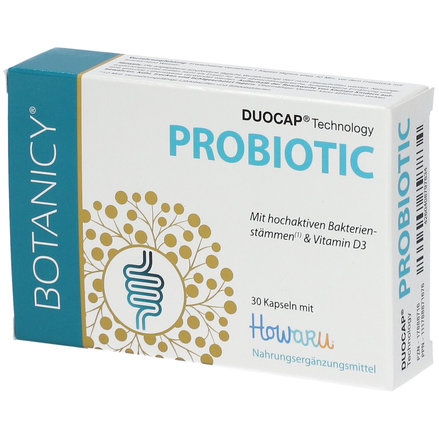 Weiße Schachtel mit „PROBIOTIC“ Schriftzug. Enthält 30 Kapseln. Marke: Botanicy. Mit Howaru-Logo.