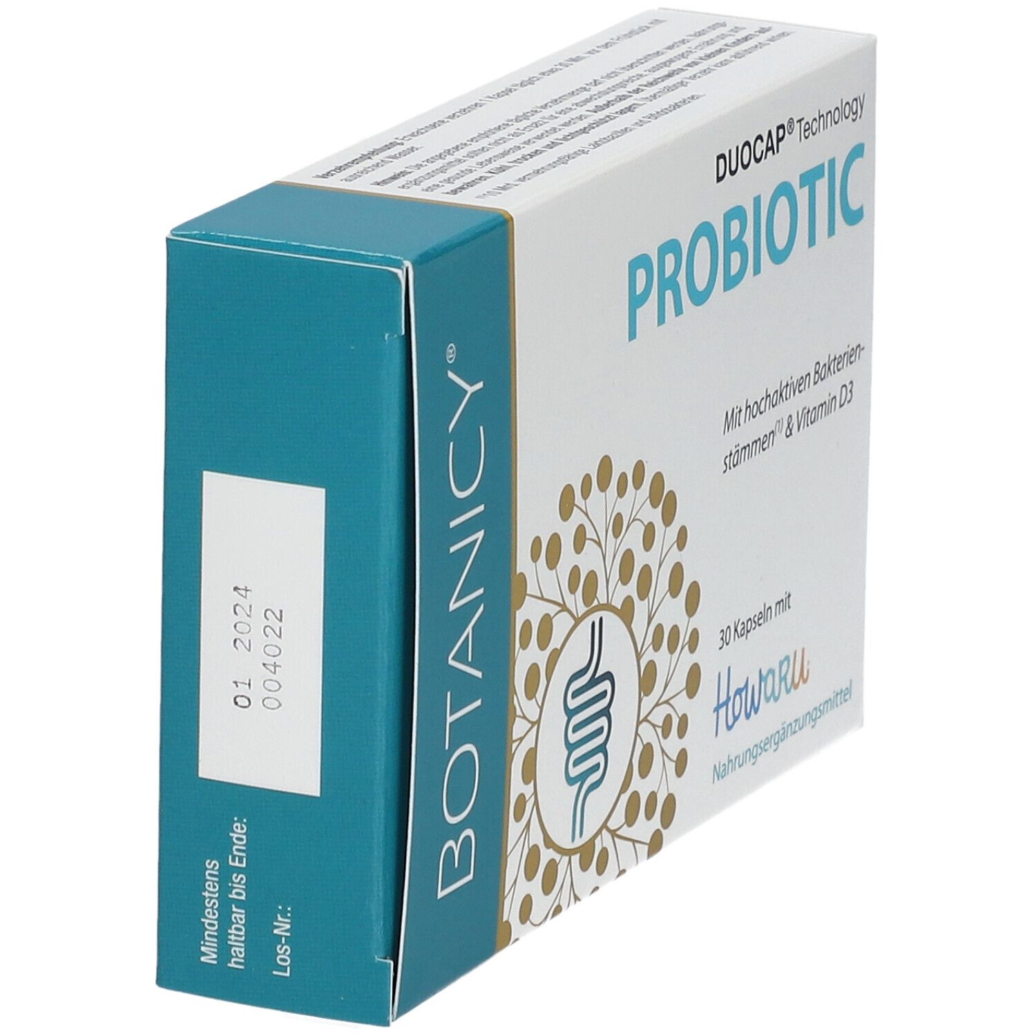 Schachtel von Botanicy. Auf der Seite: Mindesthaltbarkeitsdatum und Los-Nr.
