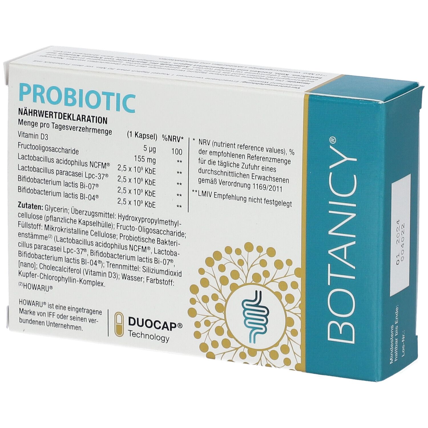 Rückseite der Schachtel mit Nährwertdeklaration. Enthält Vitamin D3, Fructooligosaccharide und Bakterienstämme.