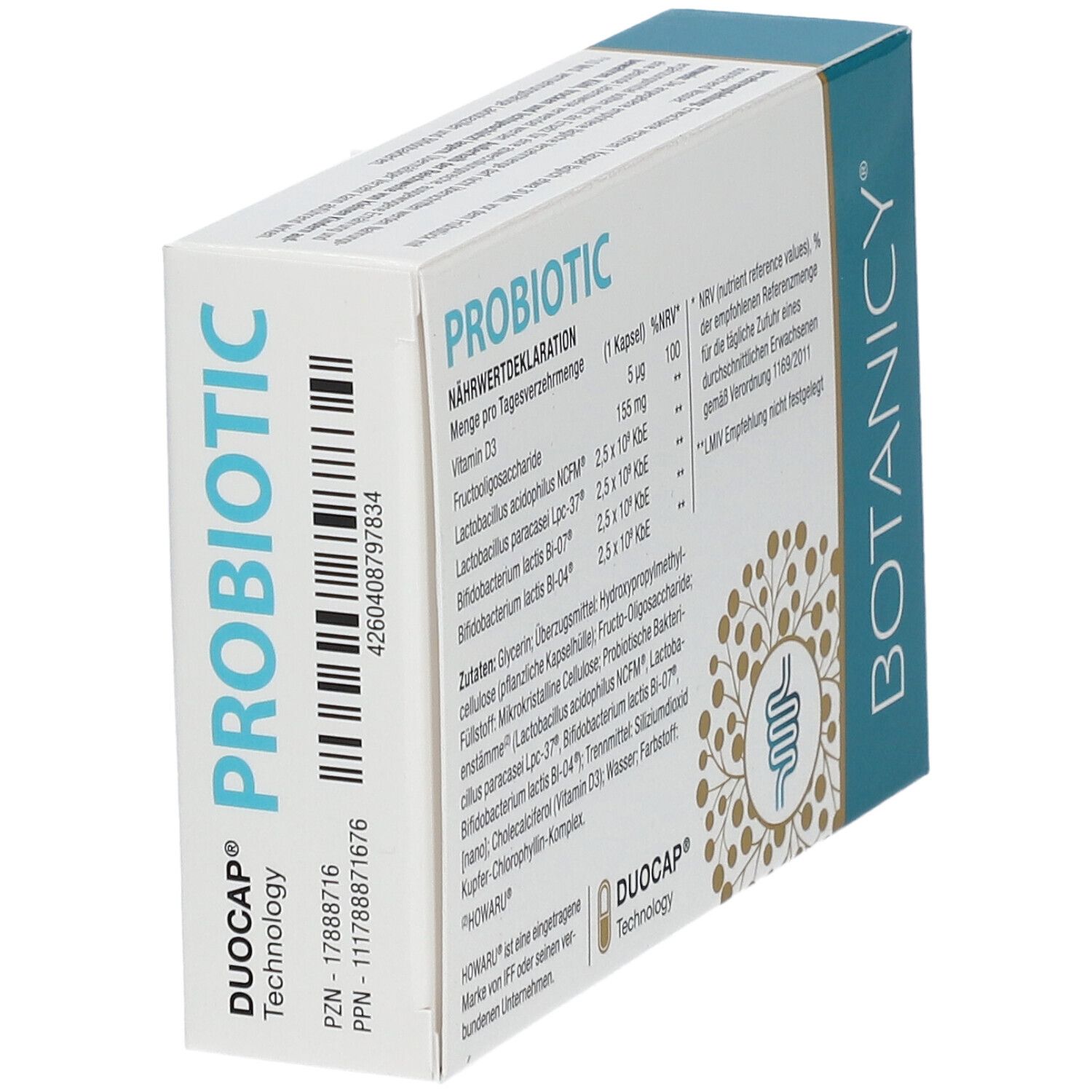 Schachtel von Botanicy. Auf der Seite: Nährwertdeklaration und Produktinformationen.