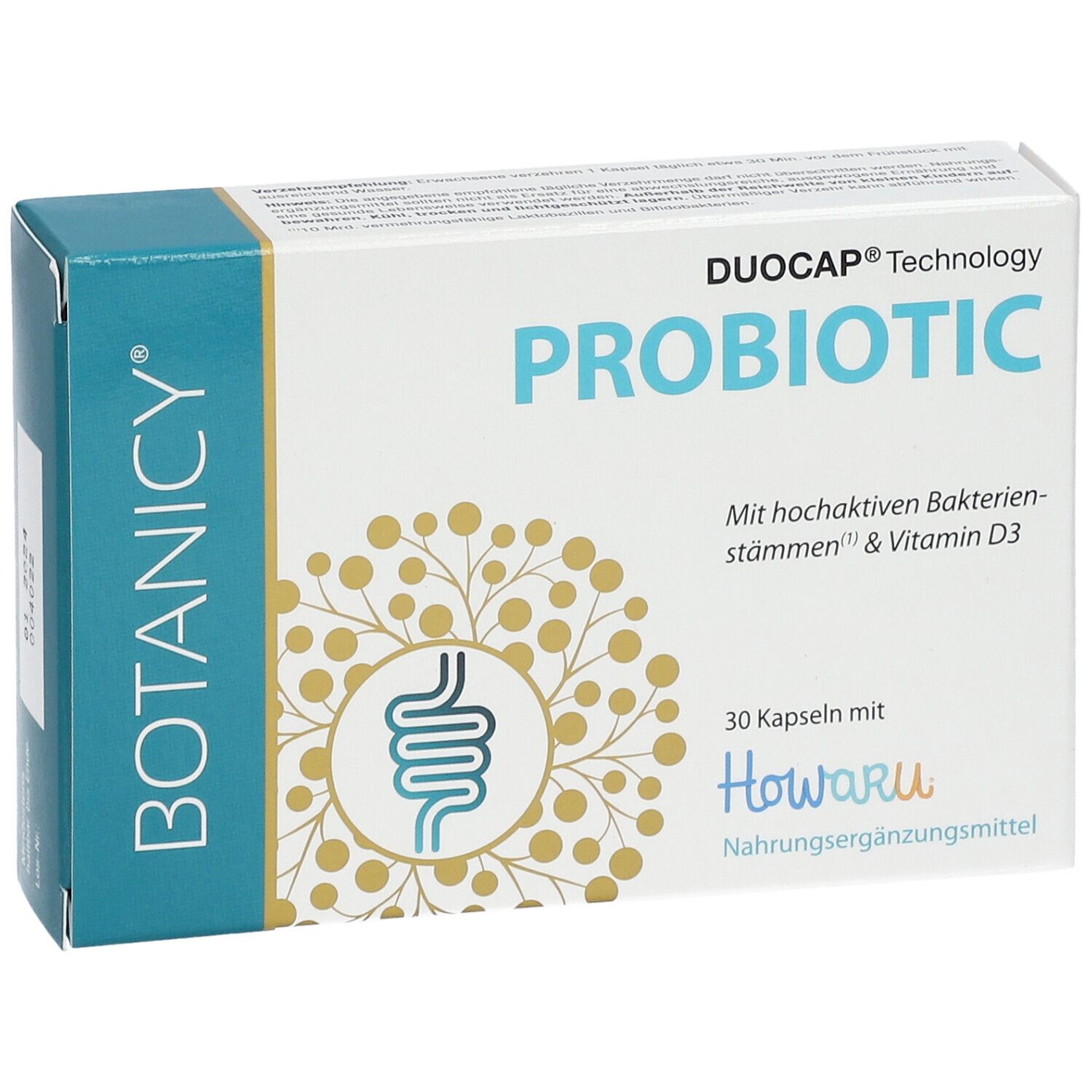 Weiße Schachtel mit „PROBIOTIC“ Schriftzug. Enthält 30 Kapseln. Marke: Botanicy. Mit Howaru-Logo.