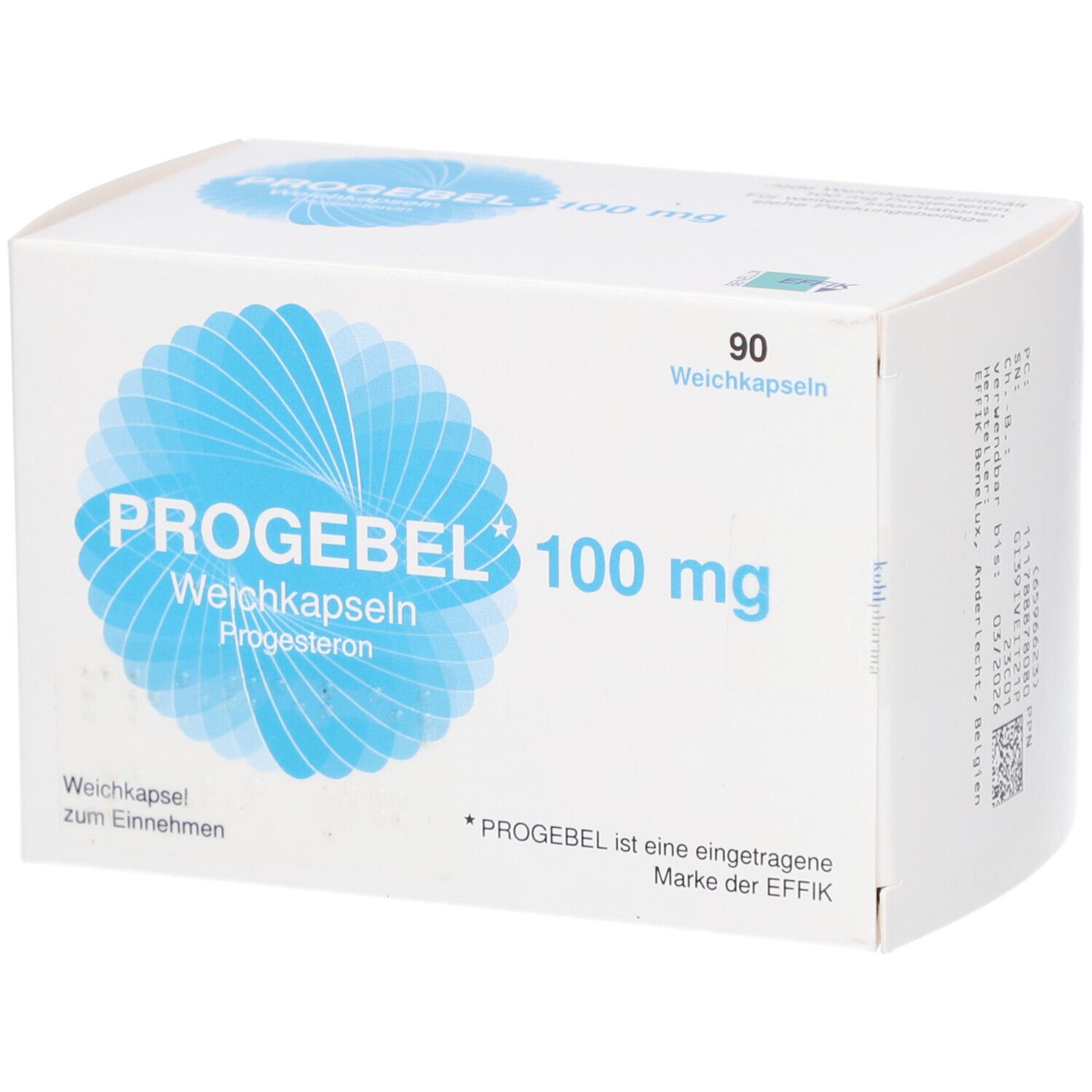 Weiße Schachtel mit blauer Grafik und Aufschrift PROGEBEL 100 mg Weichkapseln. 90 Weichkapseln.