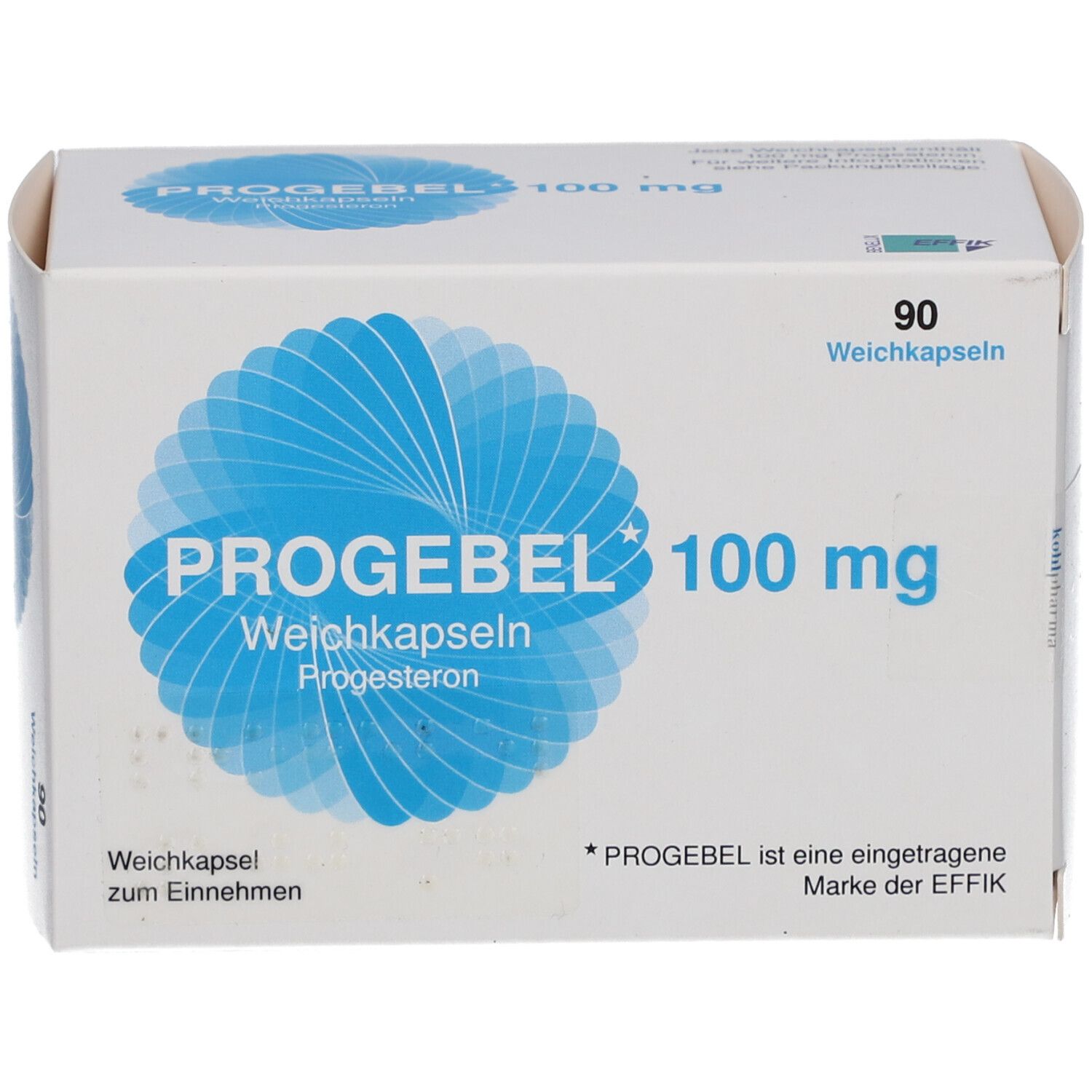 Weiße Schachtel mit blauer Grafik und Aufschrift PROGEBEL 100 mg Weichkapseln. 90 Weichkapseln.
