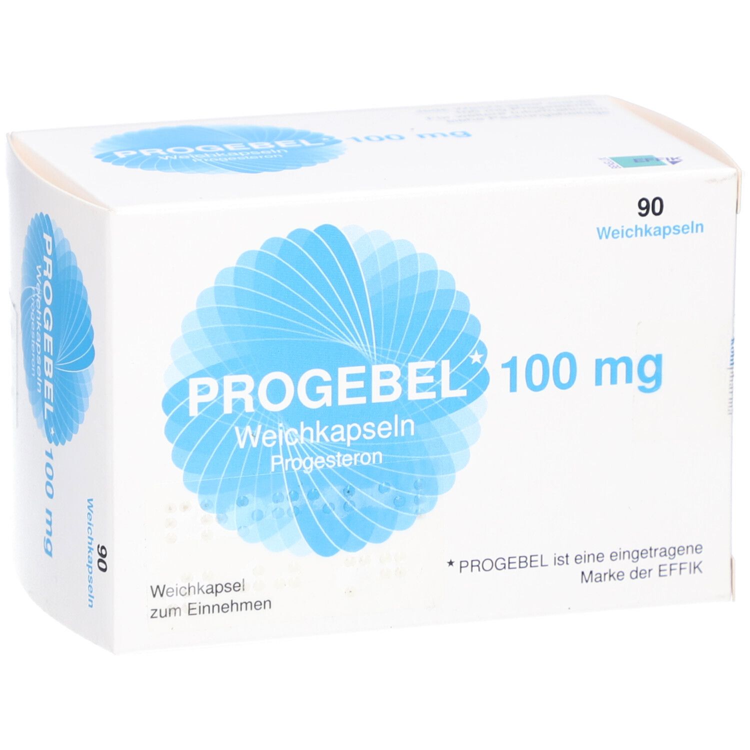 Weiße Schachtel mit blauer Grafik und Aufschrift PROGEBEL 100 mg Weichkapseln. 90 Weichkapseln.