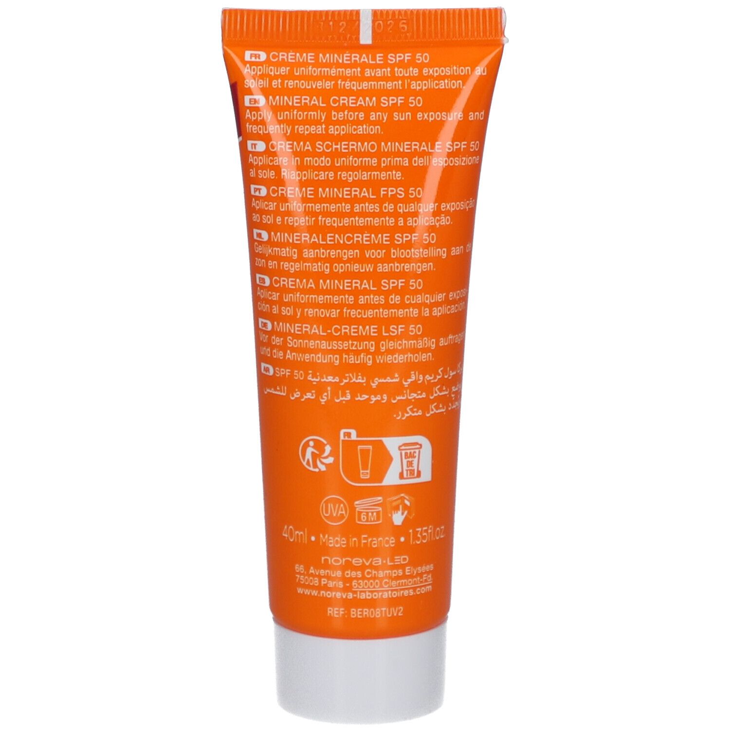 Rückseite der Tube. Text: Crème minérale SPF 50, Anwendungshinweise in mehreren Sprachen, Inhaltsstoffe, 40ml, Made in France.