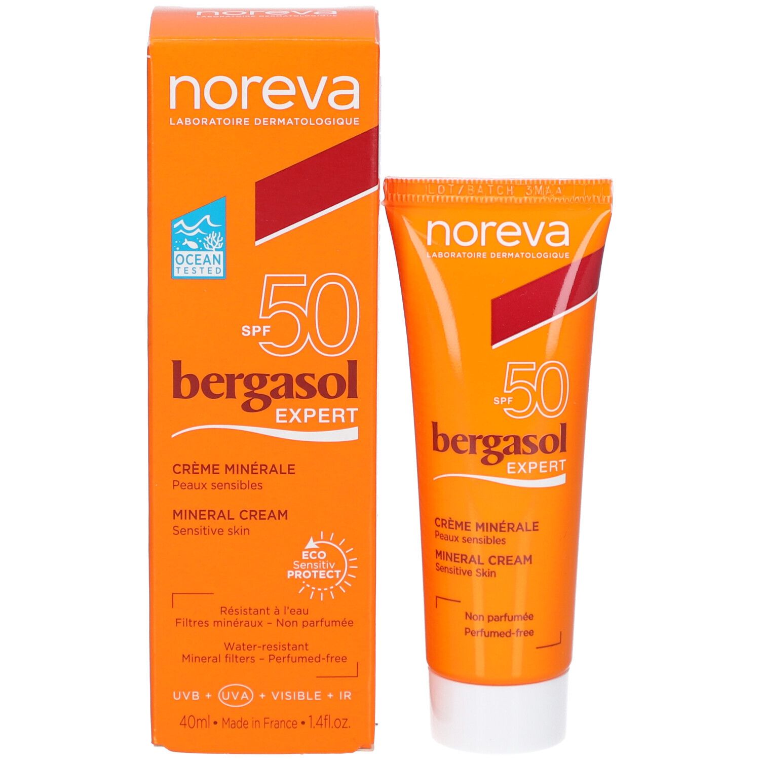 Produktverpackung: Tube und Schachtel. Text: SPF 50, bergasol EXPERT, Crème minérale, Peaux sensibles, Mineral Cream, Sensitive Skin, 40ml.