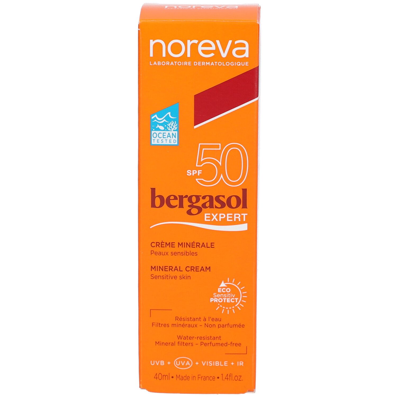 Produktverpackung: Schachtel. Text: SPF 50, bergasol EXPERT, Crème minérale, Peaux sensibles, Mineral Cream, Sensitive Skin, 40ml.