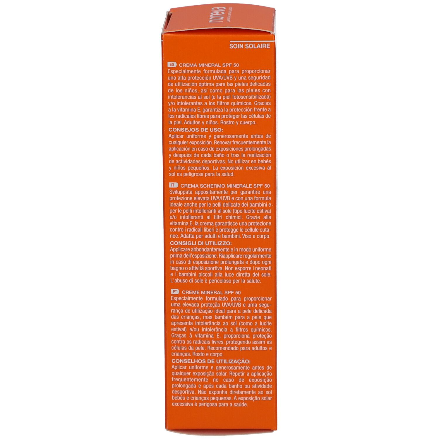 Seite der Schachtel. Text: Crème minérale SPF 50, Anwendungshinweise in mehreren Sprachen, Inhaltsstoffe, UV-Schutz, 40ml.