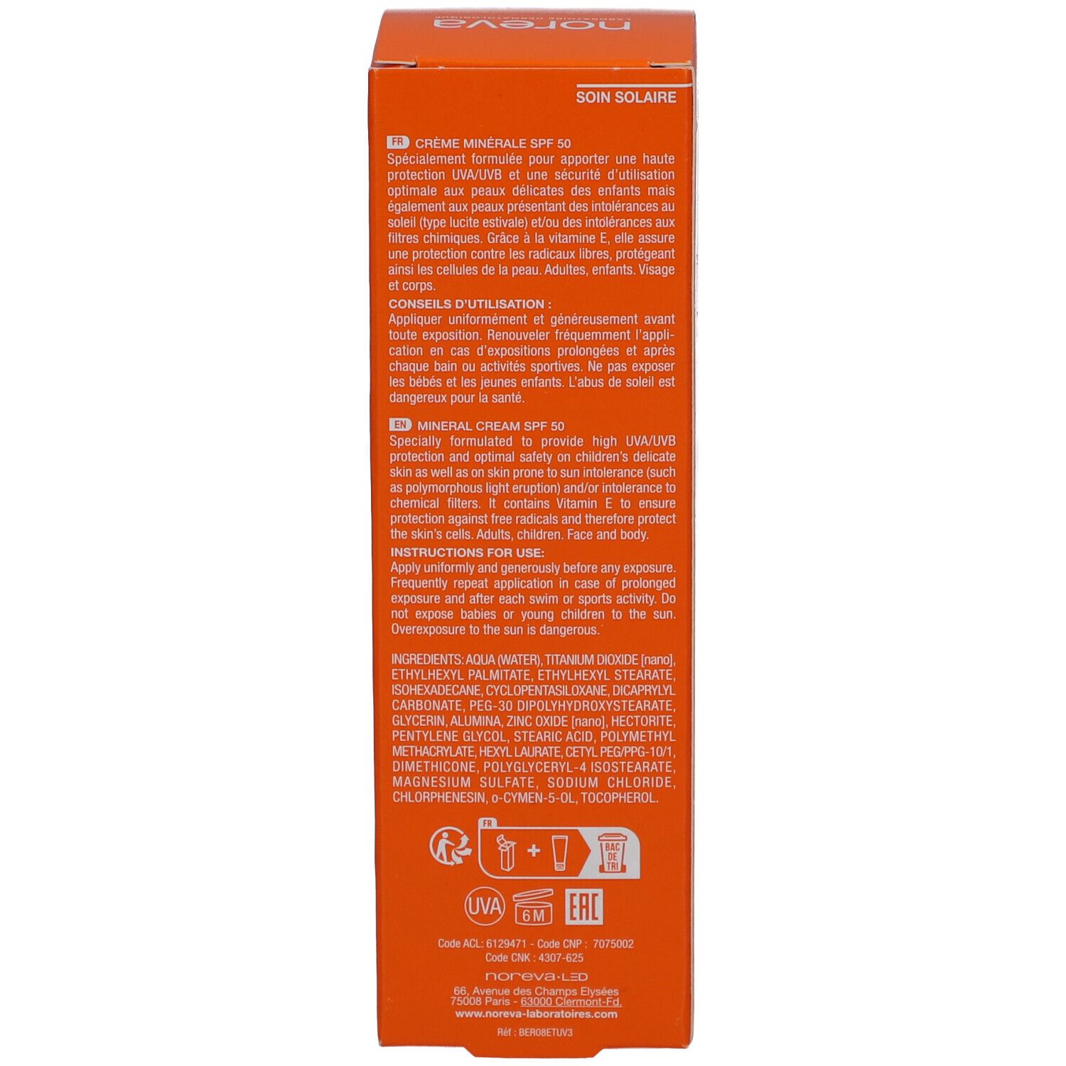 Seite der Schachtel. Text: Crème minérale SPF 50, Anwendungshinweise in mehreren Sprachen, Inhaltsstoffe, UV-Schutz, 40ml.