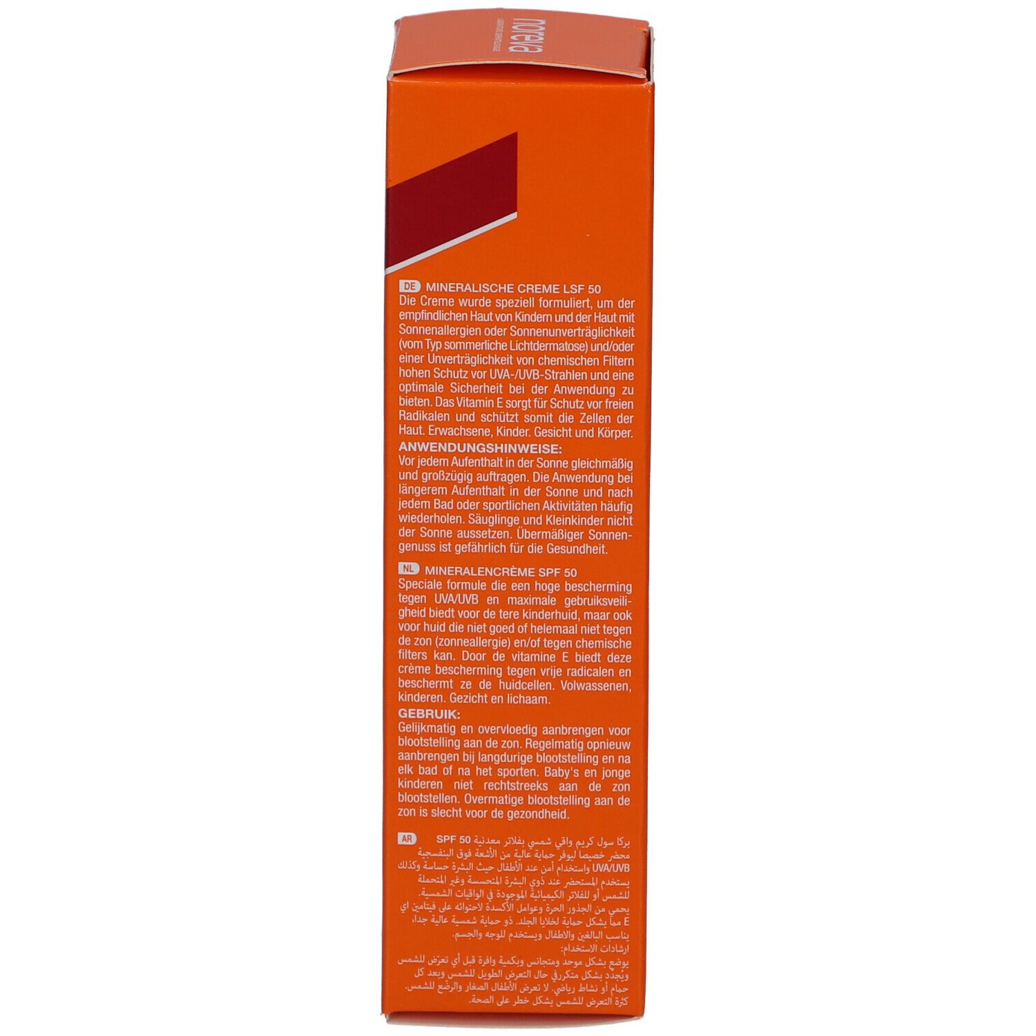 Seite der Schachtel. Text: Crème minérale SPF 50, Anwendungshinweise in mehreren Sprachen, Inhaltsstoffe, UV-Schutz, 40ml.