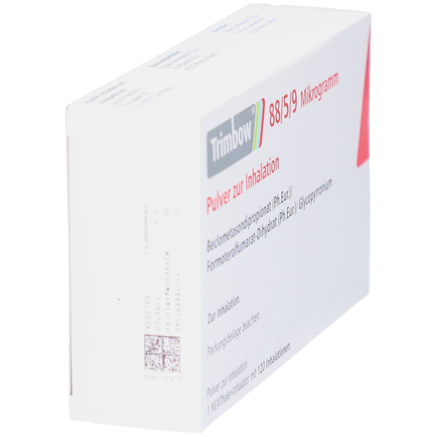 Weiße Schachtel, schräg von oben. Produktname und Dosierungsangaben sichtbar. Text: Pulver zur Inhalation.