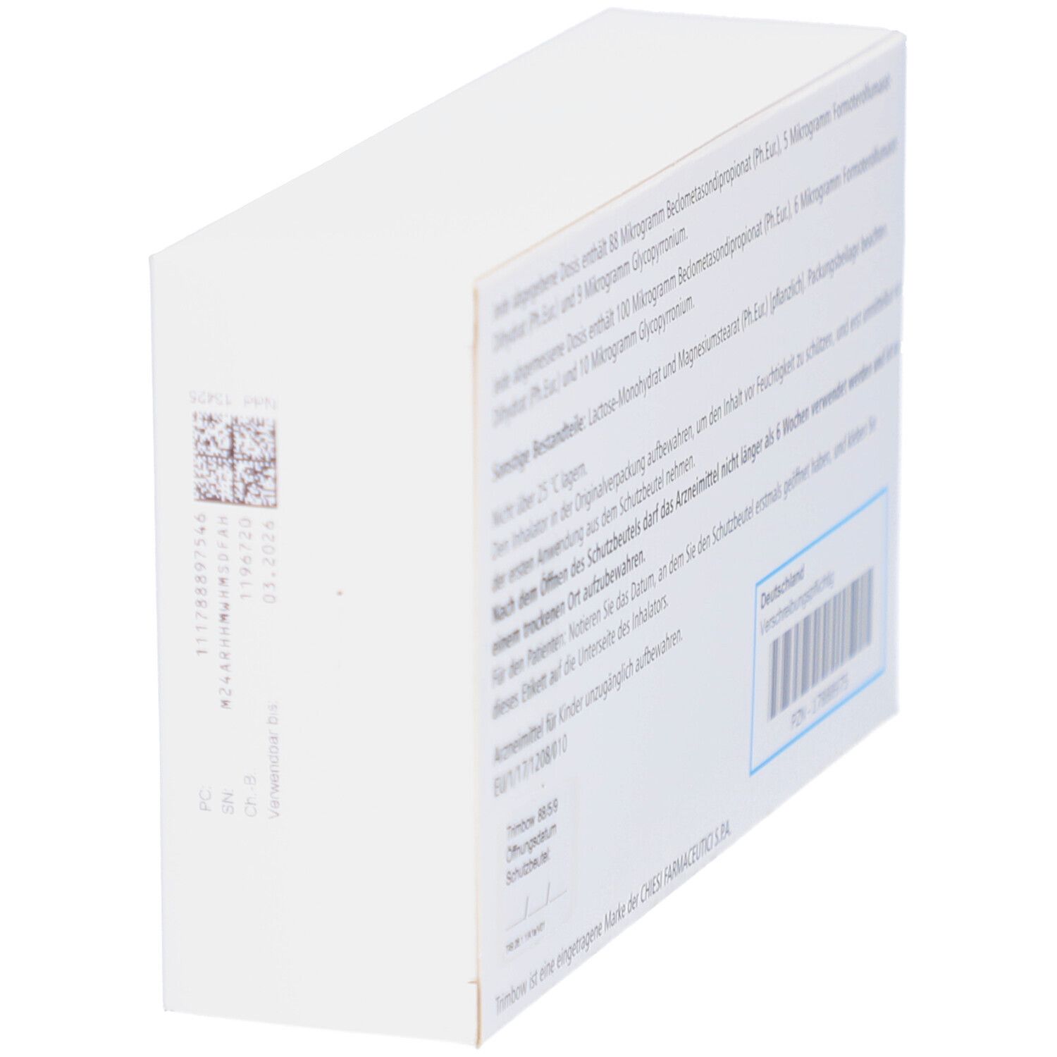 Schachtelrückseite, schräg von oben. Text mit Inhaltsstoffen und Warnhinweisen. Barcode und Chargennummer.