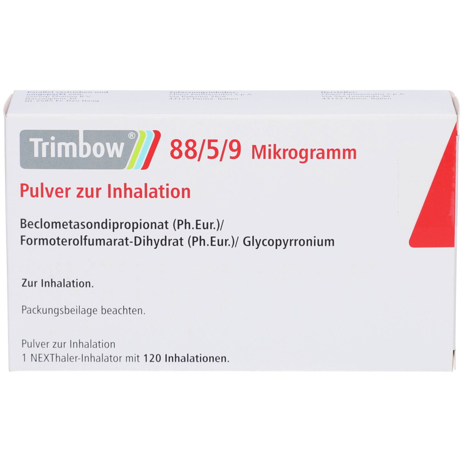 Weiße rechteckige Schachtel mit Produktnamen und Dosierungsangaben. Text: Pulver zur Inhalation. NEXThaler-Inhalator.