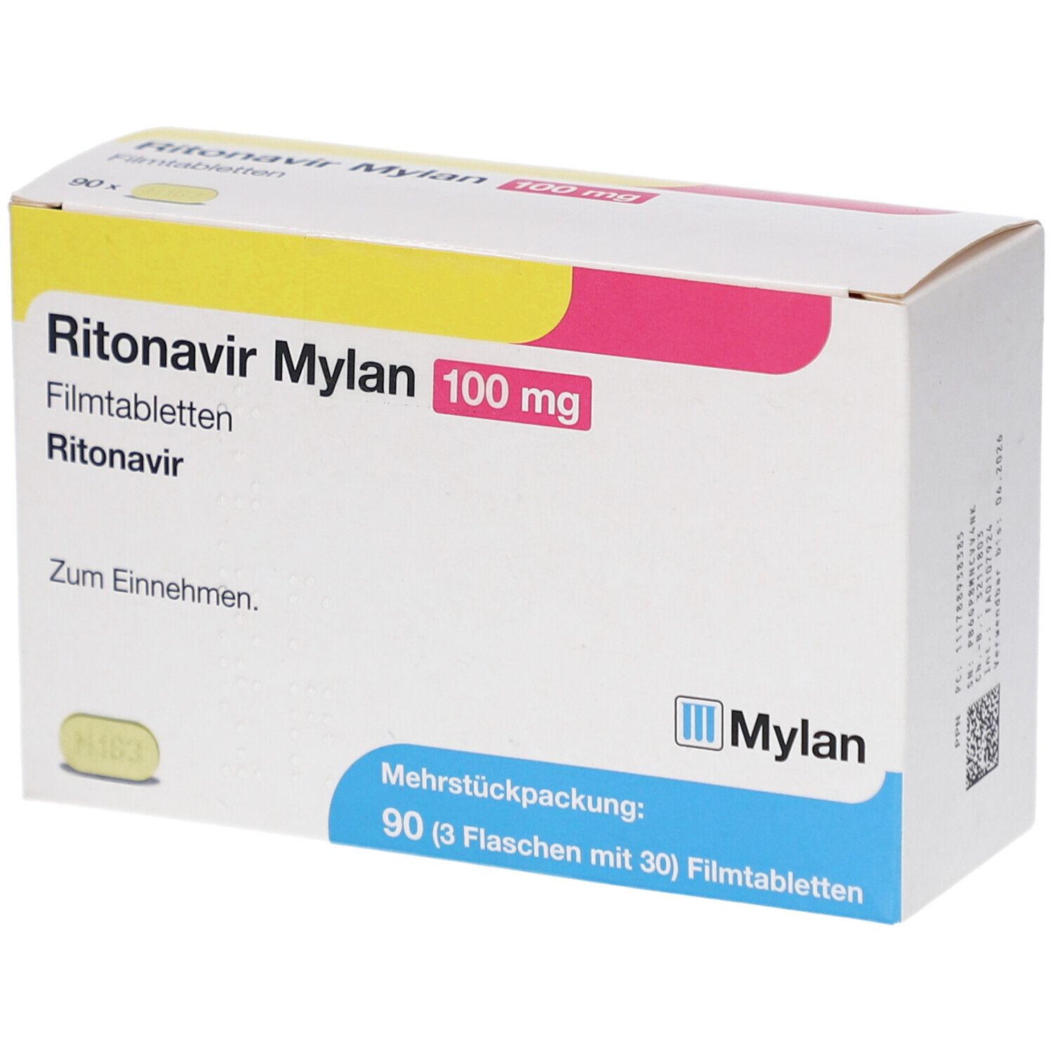 Schachtel RITONAVIR Mylan 100 mg Filmtabletten. Weiß, mit rosa und gelben Akzenten. Aufschrift: Mylan, 100 mg, 90 Filmtabletten.