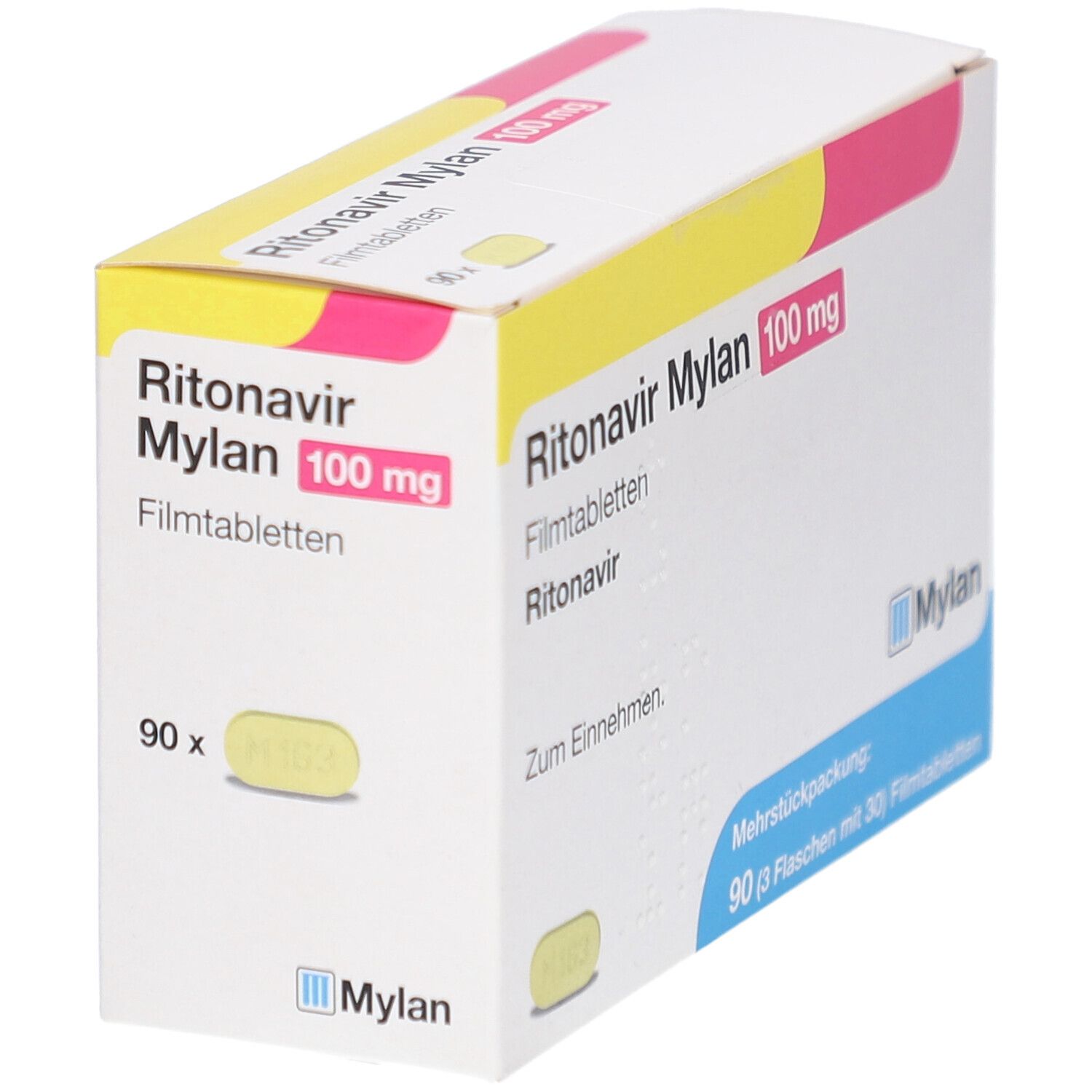 Schachtel RITONAVIR Mylan 100 mg Filmtabletten. Perspektivische Ansicht. Weiß, rosa, gelb. Aufschrift: Mylan, 100 mg, 90 Filmtabletten.