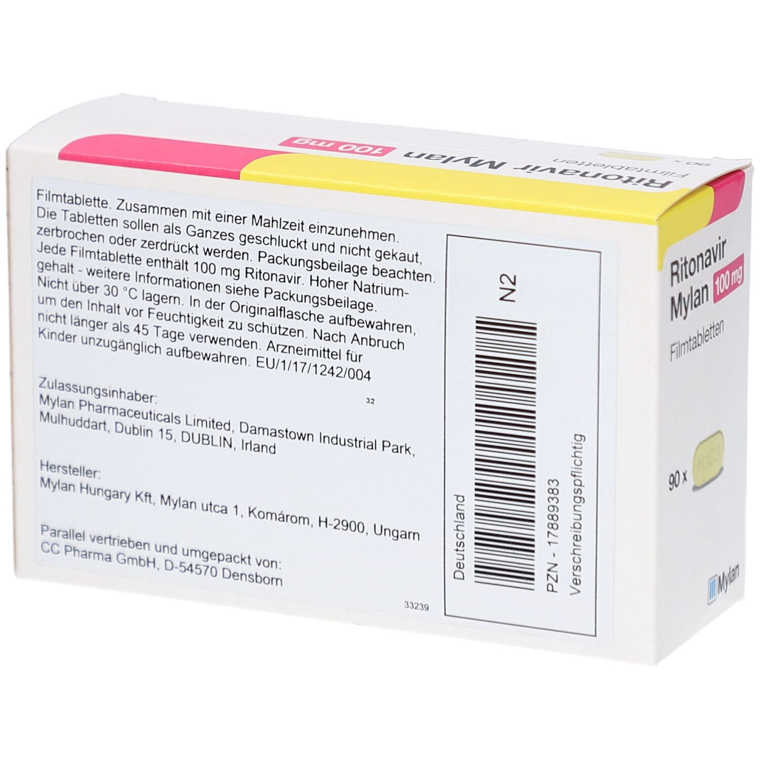 Rückseite der Schachtel RITONAVIR Mylan 100 mg Filmtabletten. Weiß, rosa, gelb. Textinformationen, PZN-Nummer, Mylan-Logo.