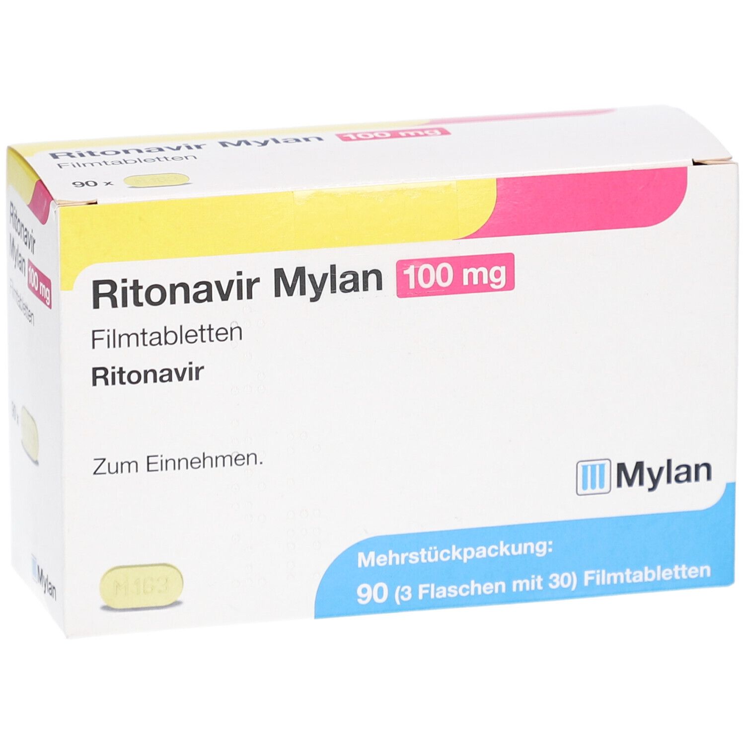 Schachtel RITONAVIR Mylan 100 mg Filmtabletten. Weiß, rosa, gelb. Aufschrift: Mylan, 100 mg, 90 Filmtabletten. Tabletten-Abbildung.