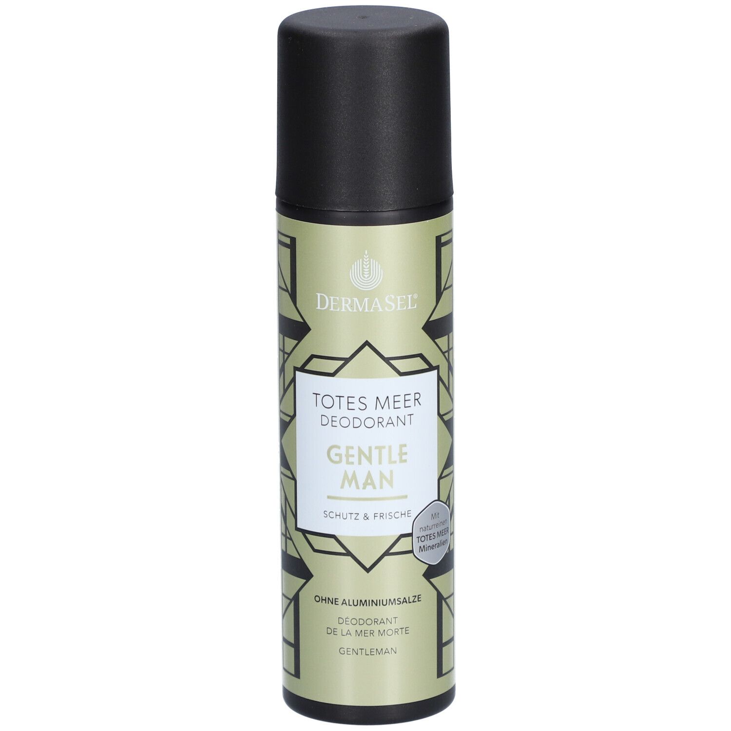 Deodorant-Spray mit schwarzem Deckel. Aufschrift: Totes Meer Deodorant Gentleman. Logo: DERMASEL. Ohne Aluminiumsalze.