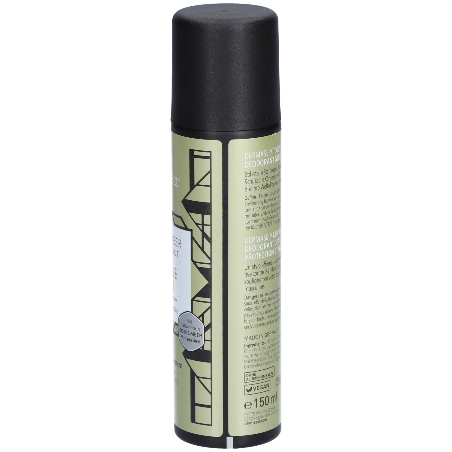Deodorant-Spray, seitliche Ansicht. Text: Produktinformationen, Inhaltsstoffe, Warnhinweise. Logo: DERMASEL. Volumen: 150 ml.