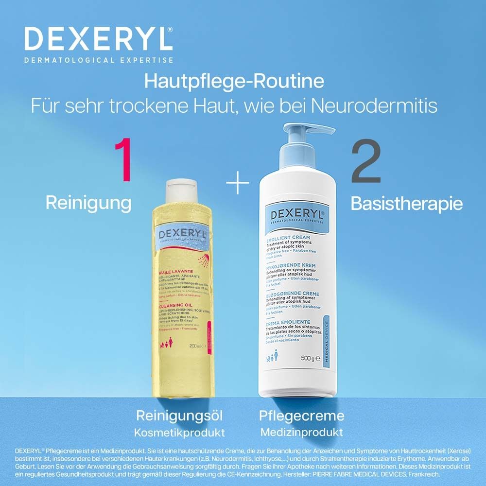 DEXERYL® Reinigungsöl und Pflegecreme. Text: Hautpflege-Routine. Für sehr trockene Haut, wie bei Neurodermitis.