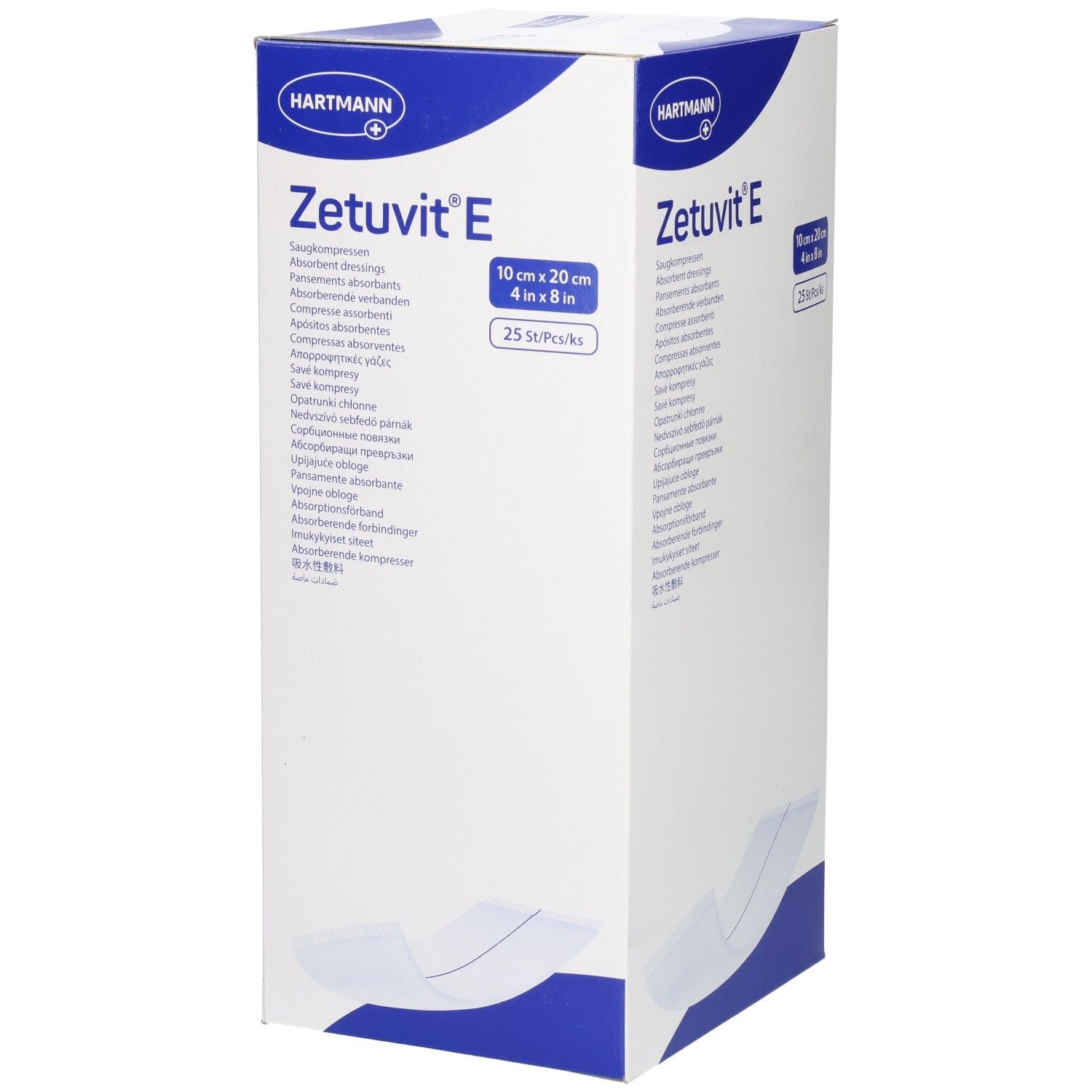 Verpackung Zetuvit E Saugkompressen, 10x20 cm, 25 Stück.